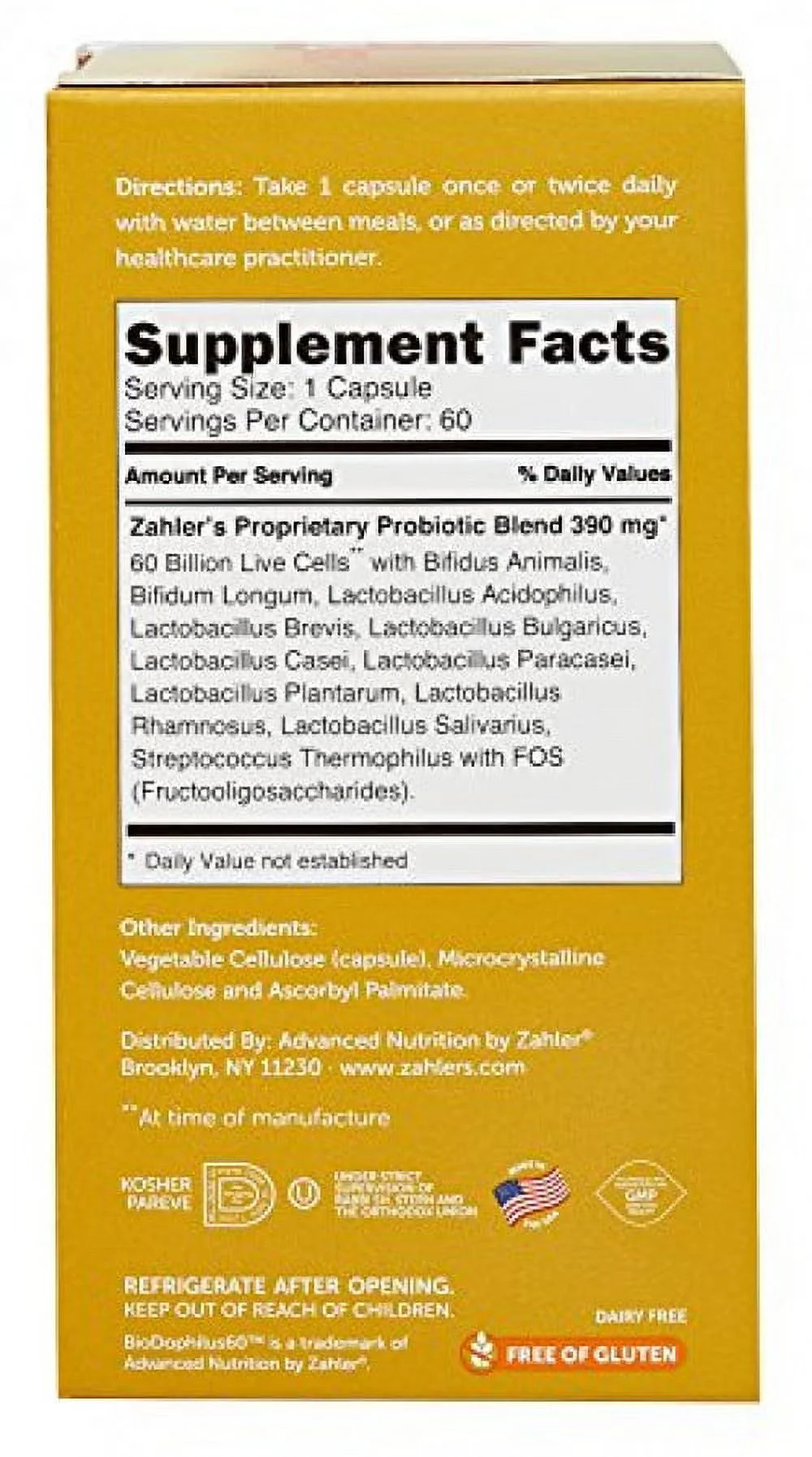 Zahler BioDophilus60, Advanced Probiotic Formula, 60 Billion CFU, 60 Capsules