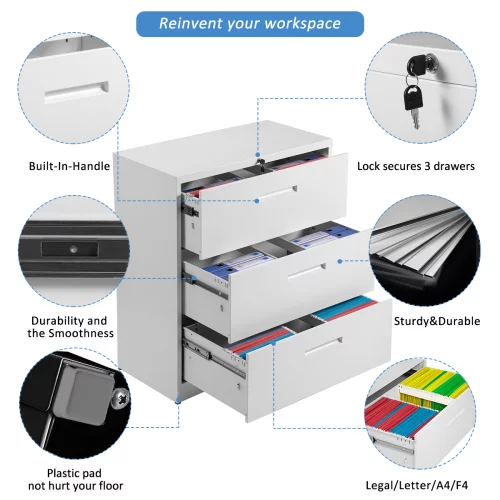 Wulawindy Lateral File Cabinet Lockable Heavy Duty Metal 3 Drawer File Cabinet