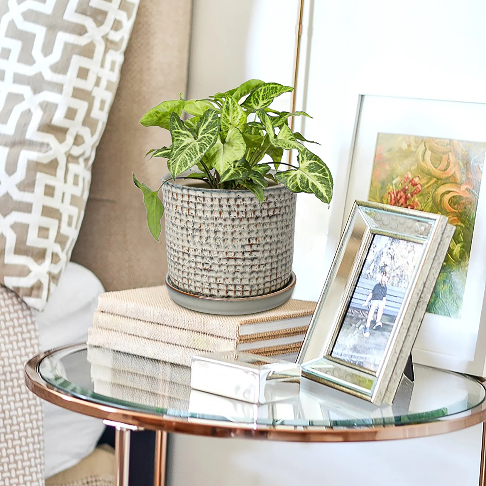 Blue Planter for Indoor Plants 6 inch Ceramic Plant Pot with Drainage Hole and Attached Saucer Flower Pot Garden Planter Succulent Plant Pot with Bonded Tray Cactus Plant Pot