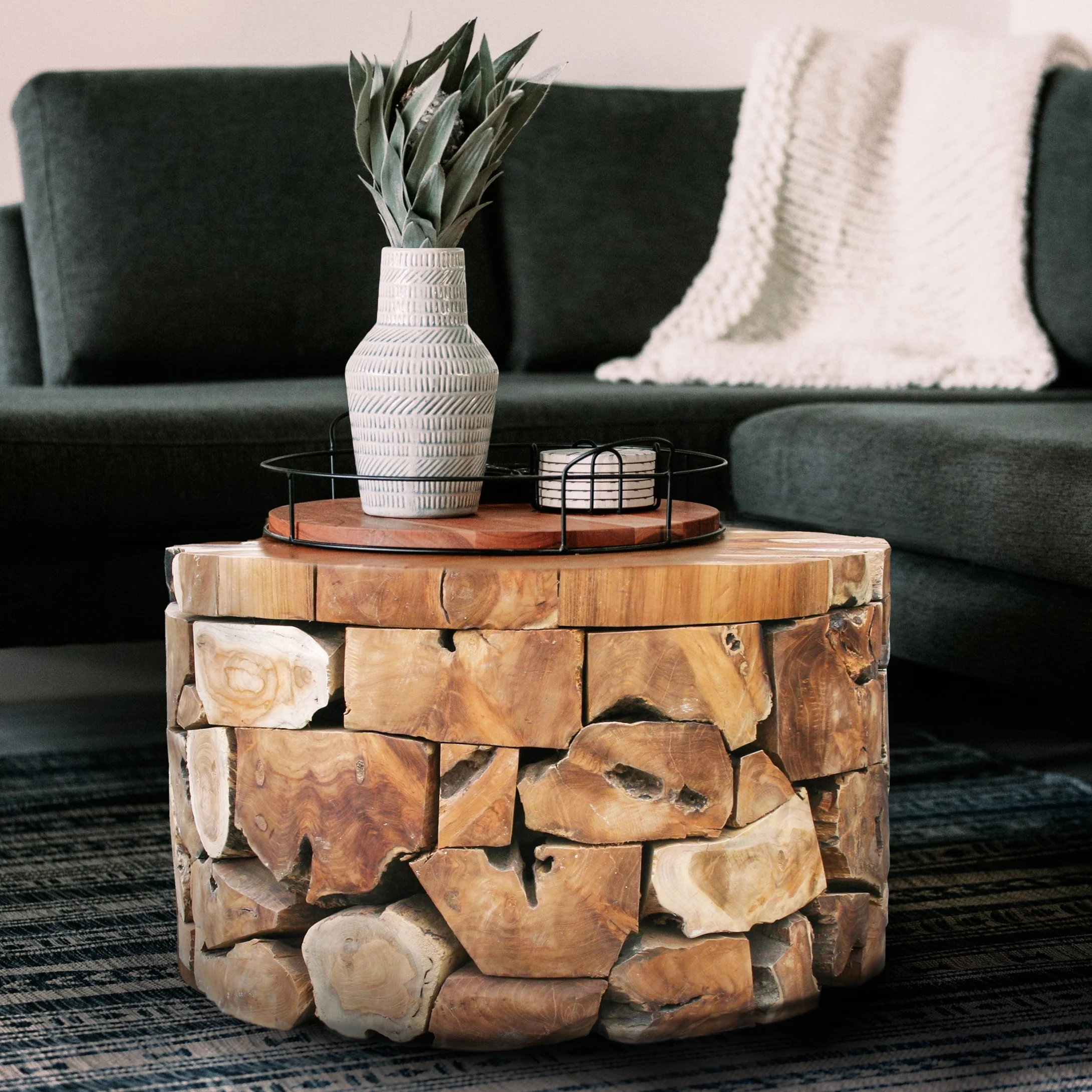 Teak Wood Round Akara Coffee Table, 28 Inch