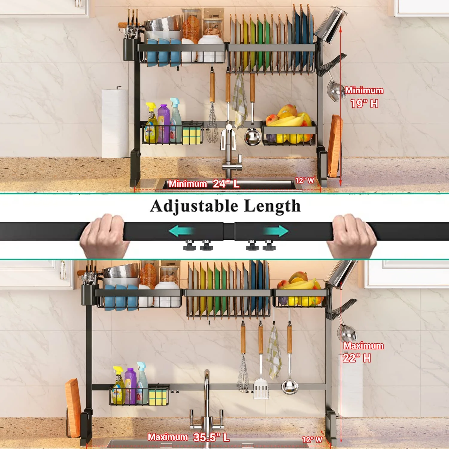 ADBIU Over The Sink Dish Drying Rack (Expandable Height and Length) Snap-On Design 2 Tier Large Dish Rack Stainless Steel (24