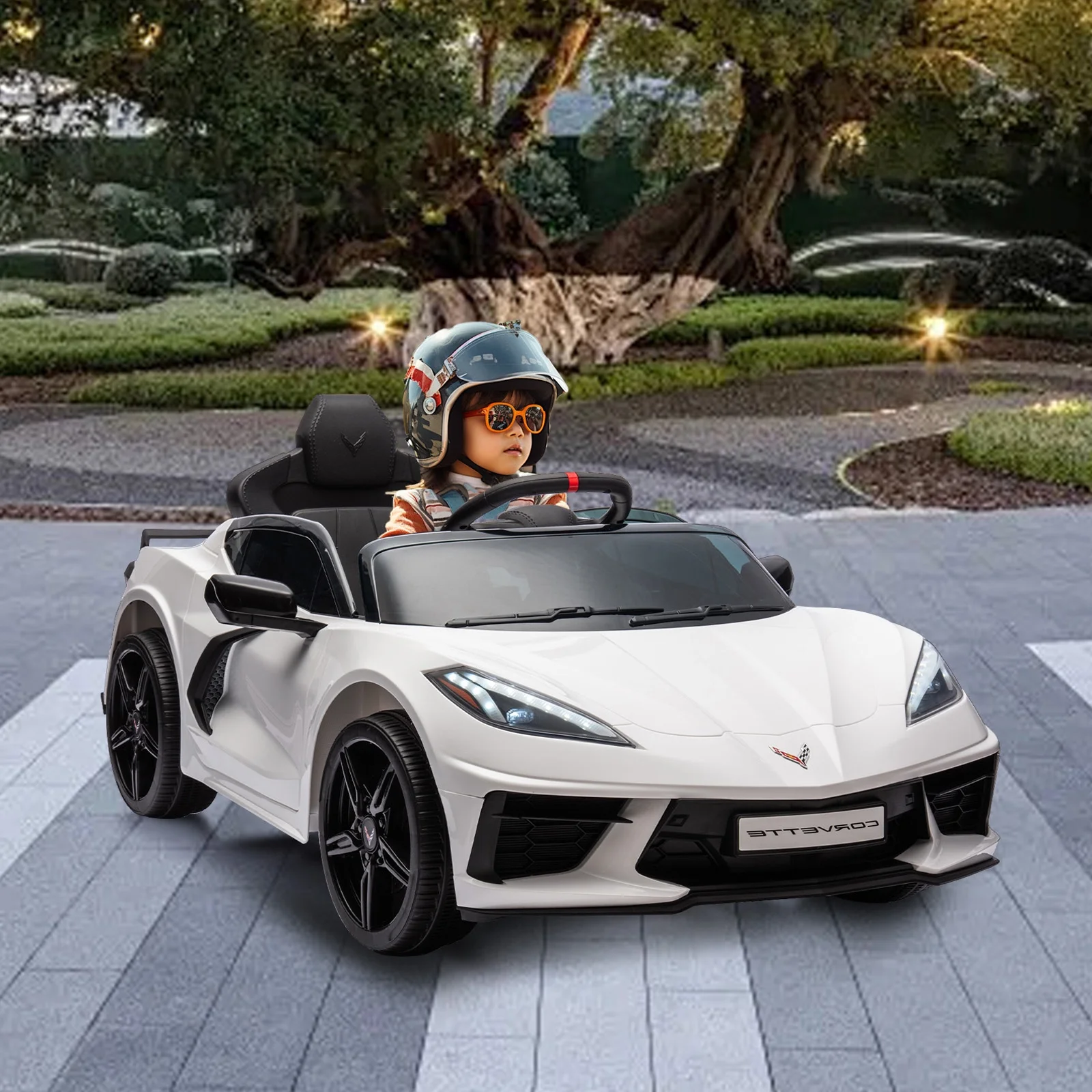 XJD Licensed Chevrolet Corvette C8 12V Kids Electric Ride on Car Toy, Battery Powered Car Truck with Remote Control, Bluetooth, 3 Speeds, LED Headlight, Music Player & Spring Suspension, White