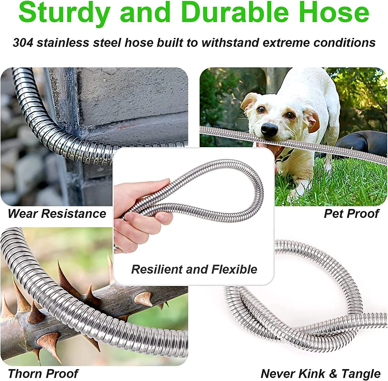 50FT 304 Stainless Steel Metal Garden Water Hose Flexible Patio Home with 6 Spray Nozzle Patterns