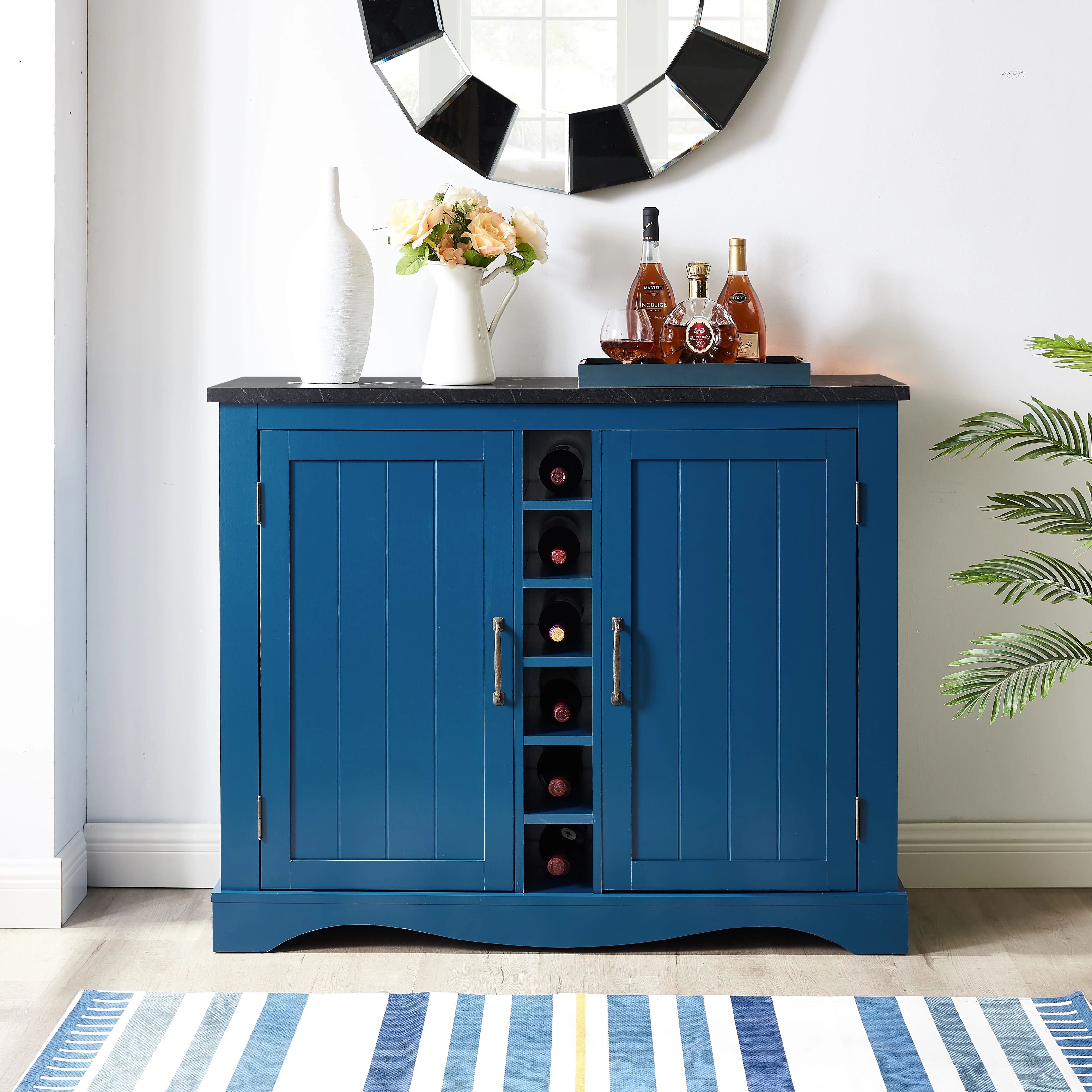 FESTIVO 47 in. Navy Blue Wood Buffet Bar Cabinet with Wine Rack with Marbling Pattern Countertop