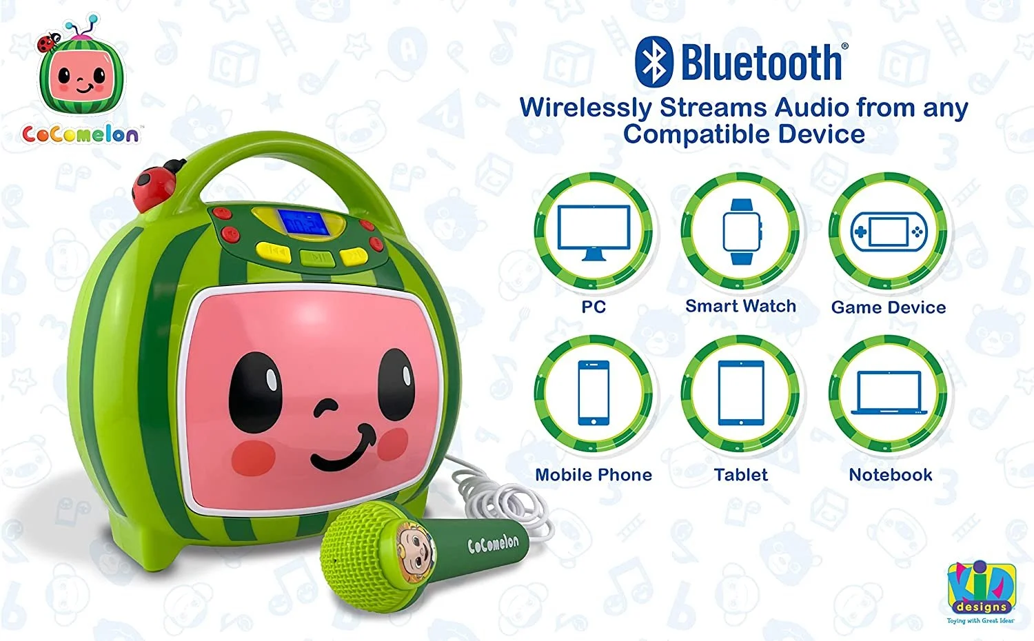 eKids Cocomelon Karaoke Machine, Portable Bluetooth Party Speaker with Microphone for Kids, Built-in Songs and USB Port to Play Music