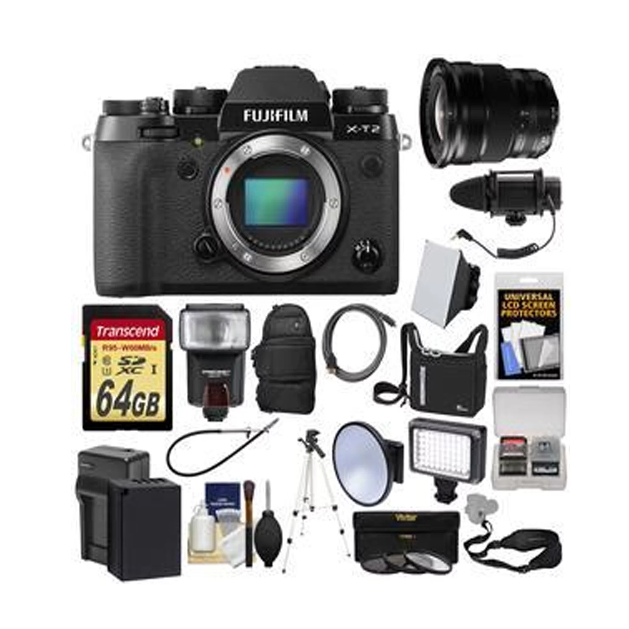 Fujifilm X-T2 4K Wi-Fi Digital Camera Body with 10-24mm f/4.0 Lens + 64GB Card + Backpack + Flash + Video Light + Battery + Kit