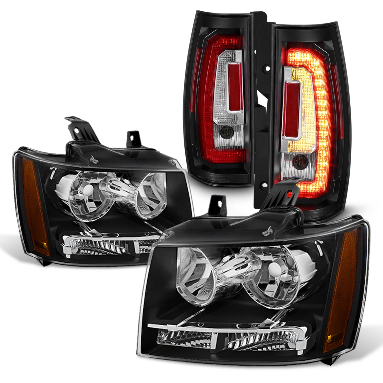 AKKON - For 07-14 Chevy Suburban Tahoe Black Bezel OE Headlights + C-Shape LED Tube Tail Brake Lamp