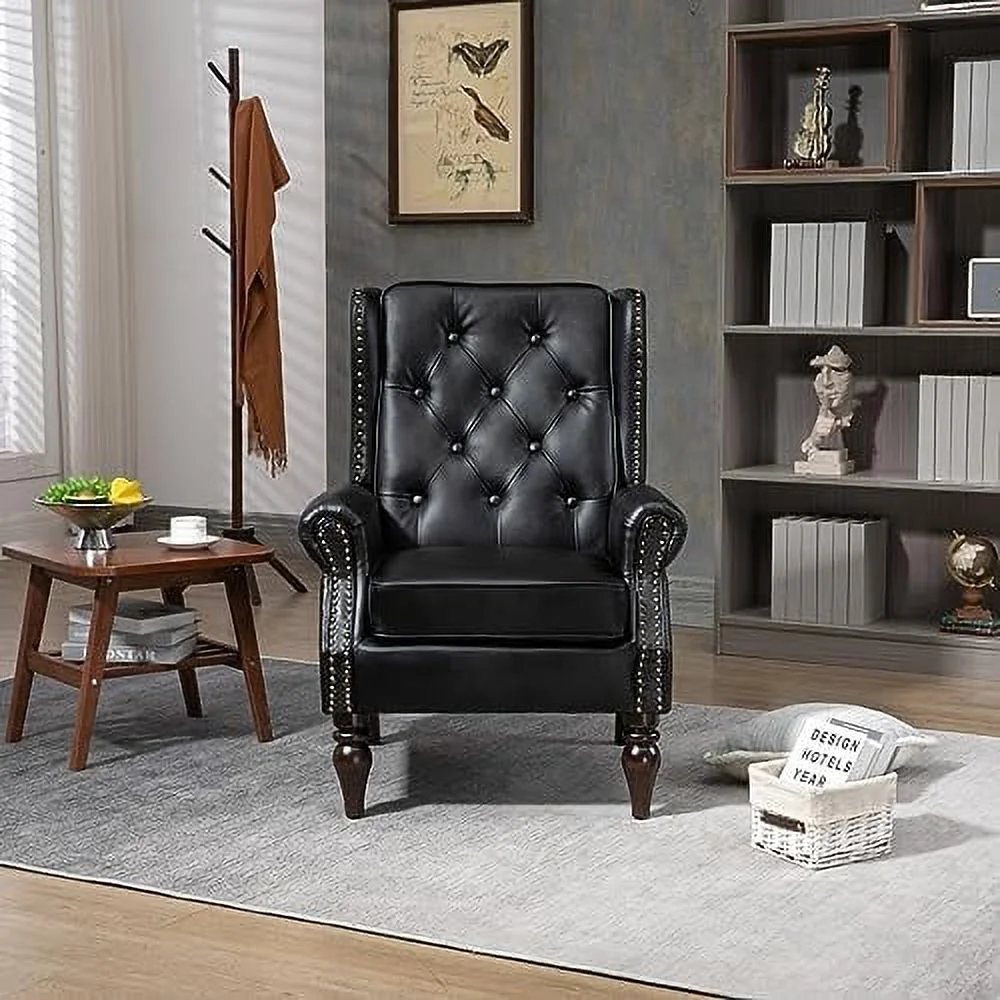 xrboomlife Button Tufted Wing Back Accent Chair PU Leather Thick Upholstered Armchair with  Trim and Rubber Wood Legs  Single Sofa Chair Reading Chair for Living Room Bedroom Office  Brow