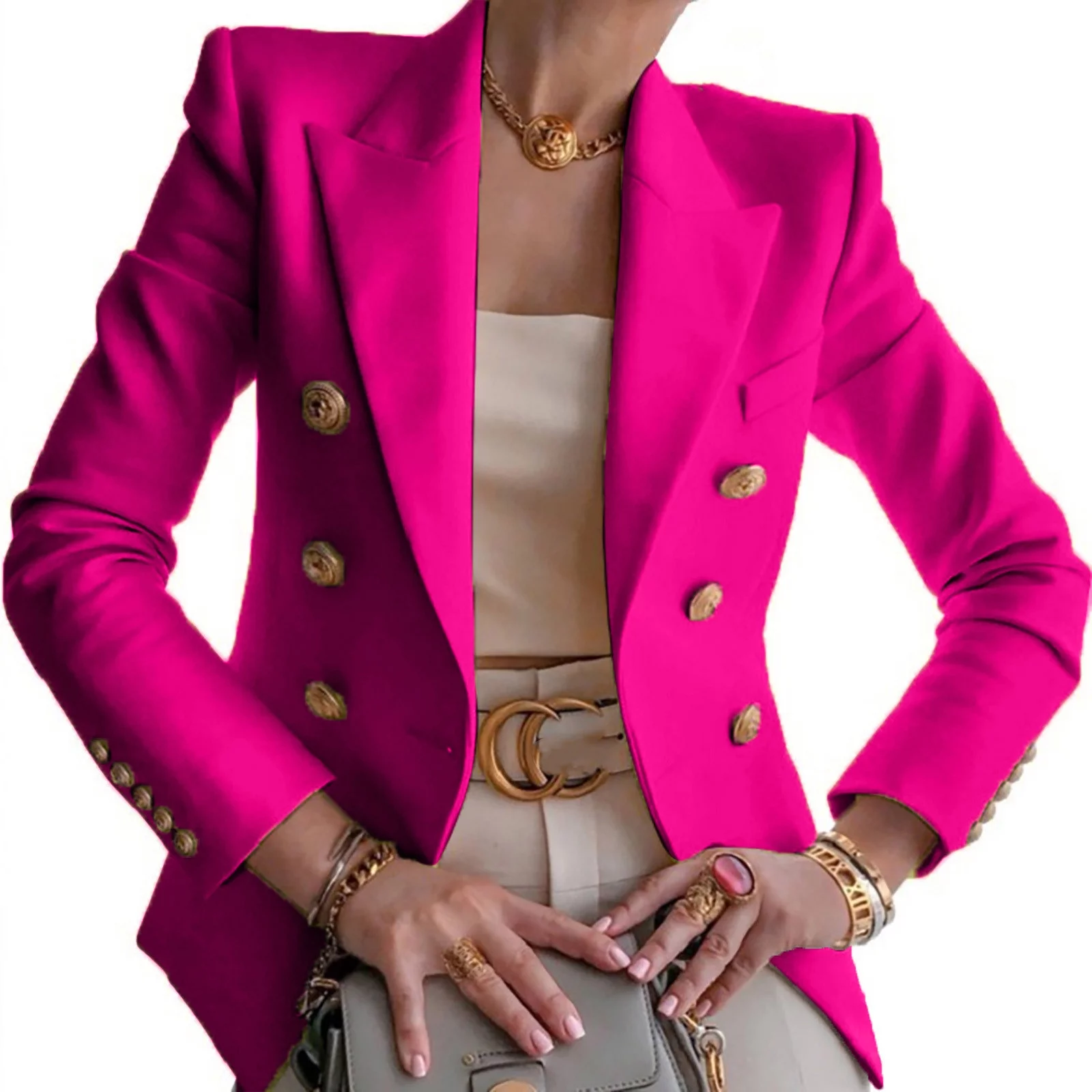 LoyisViDion Coat Women Buttons Long Sleeve Solid office Coat Cardigans Suit Jacket Long Outwear Hot Pink 10(XL)