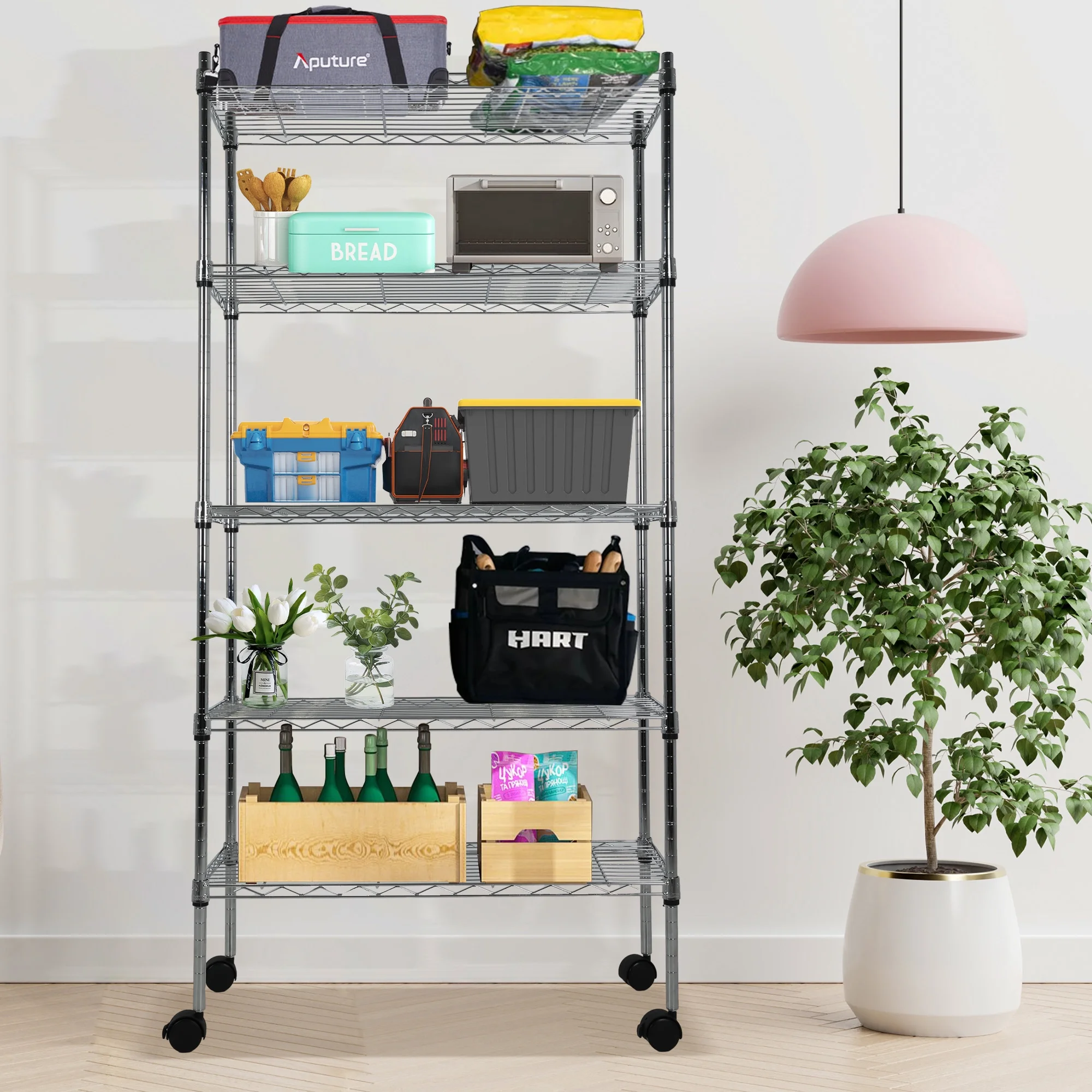 CL.HPAHKL Storage Shelves Adjustable 5 Tier NSF Metal Shelving Unit, Wire Rack Shelving 1250lbs Capacity Storage Racks and Shelving with Wheels for Closet Kitchen Pantry Garage Basement, Chrome