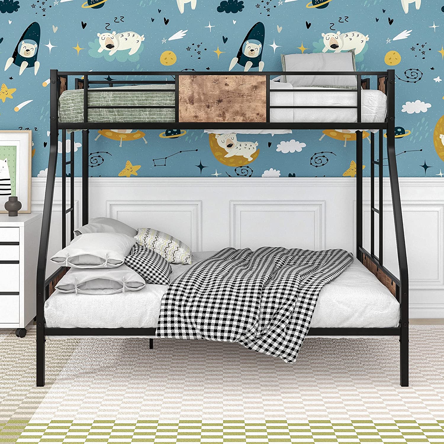 OUWI Twin Over Full Bunk Bed with Metal Frame Sturdy Guard Rail and Safety Ladder, Black