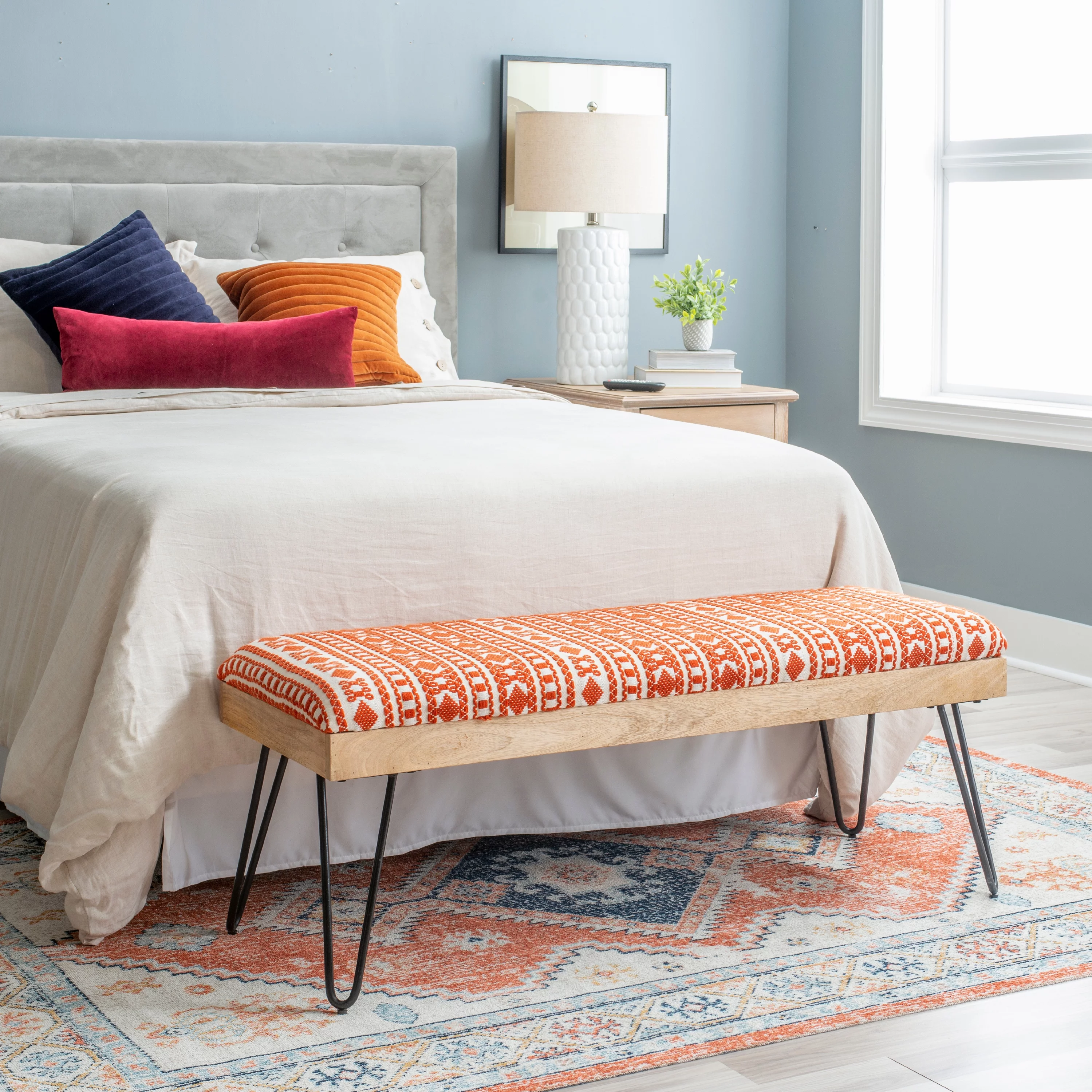 Newley Upholstered Bench, Black Hairpin Legs with Terra Cotta and Natural Stripe Fabric