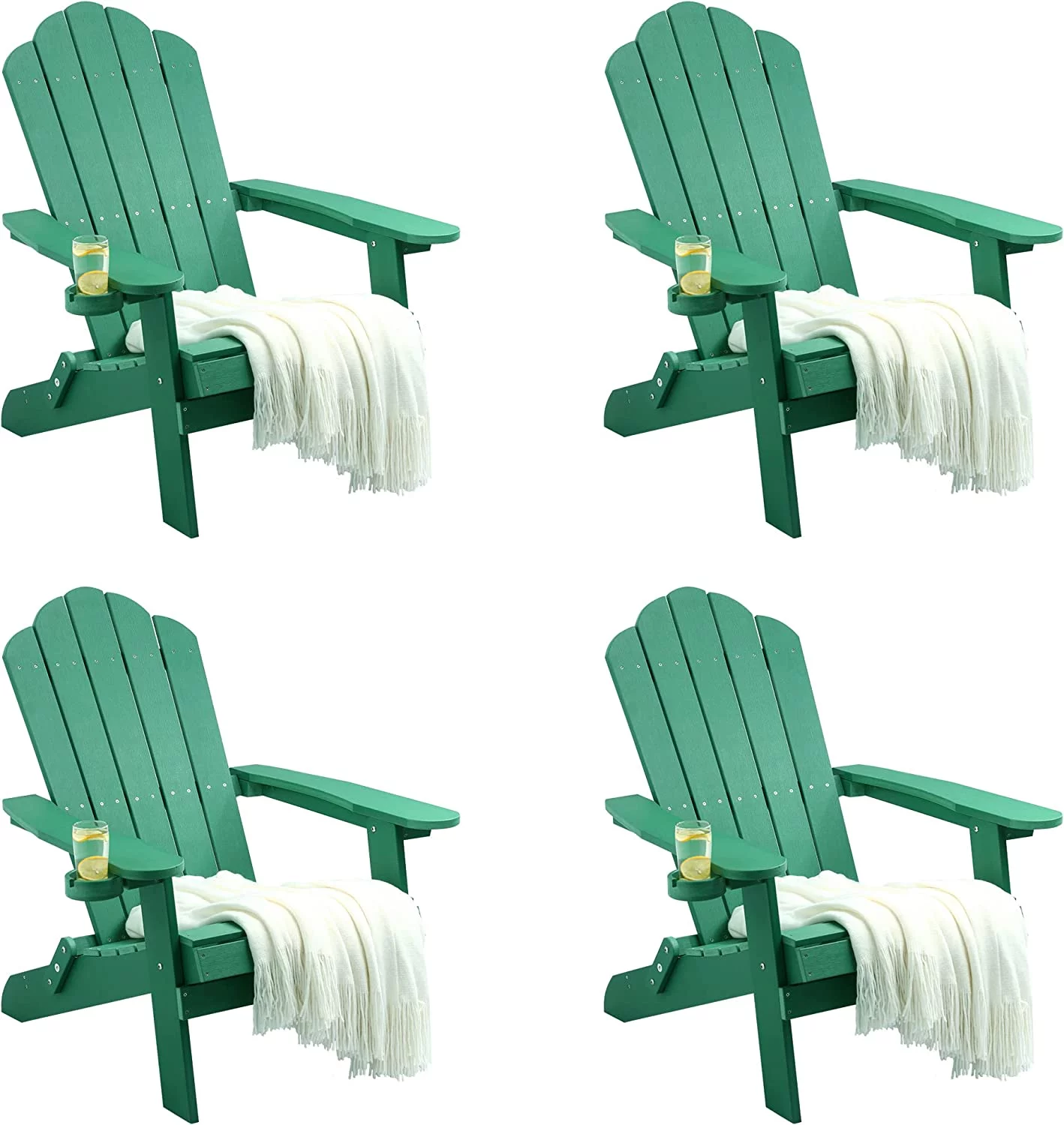 DWVO Folding Adirondack Chair Set of 4, Heavy Duty Foldable Plastic Outdoor Chairs with Rotatable Cup Holder, Oversized Fold up Fire Pit Chairs for Garden Lawn Yard Patio Deck Pool Porch Beach