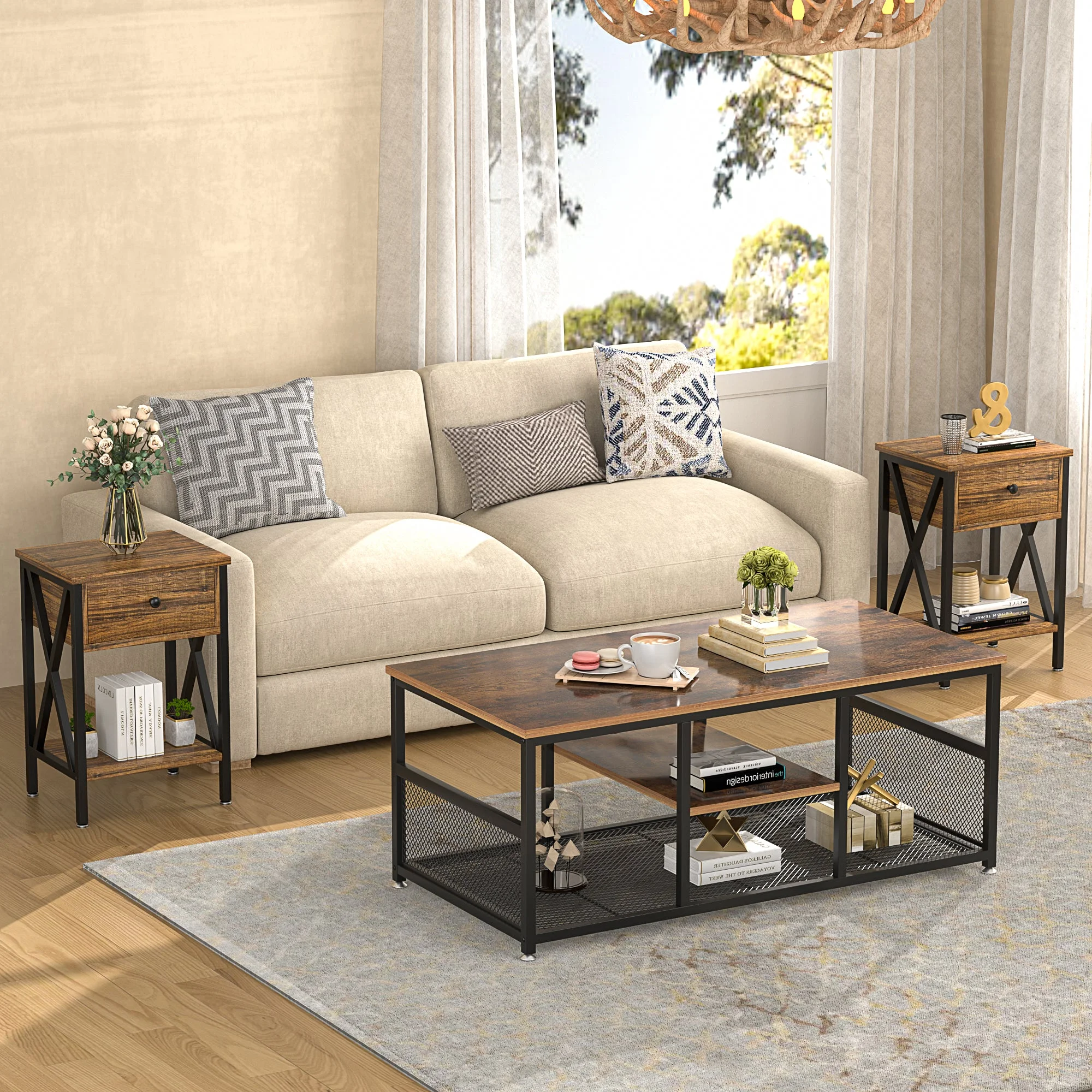 VECELO 3-Piece Coffee Table Set for Living Room, Industrial Coffee Table and 2 Foldable TV Tray Tables, Brown