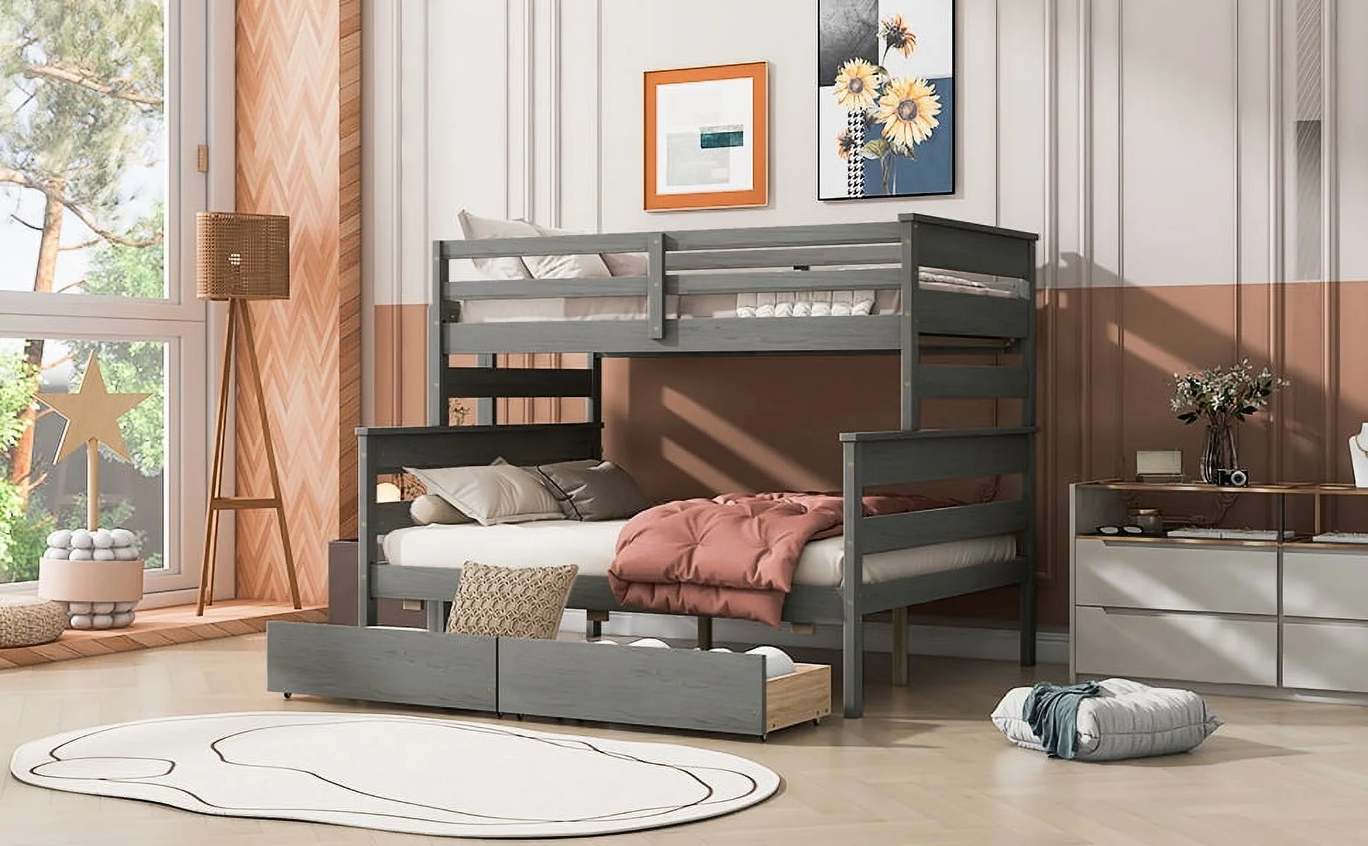 Homiyad Wood Twin Over Full Bunk Bed with 2 Drawers, Gray
