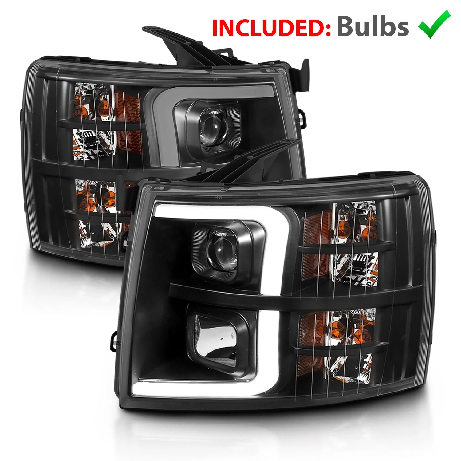 AmeriLite for 2007-2013 Chevy Silverado 1500/07-14 Silverado 2500HD 3500HD LED Tube Quad Projector Black Headlights