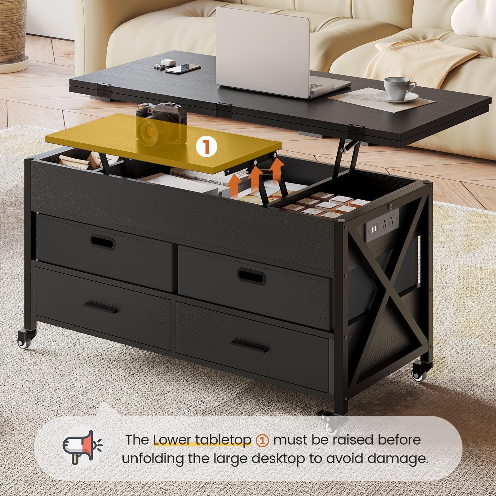 4 in 1 Lift Top Coffee Table with Power Outlet, Center Table with 4 Drawers, Black