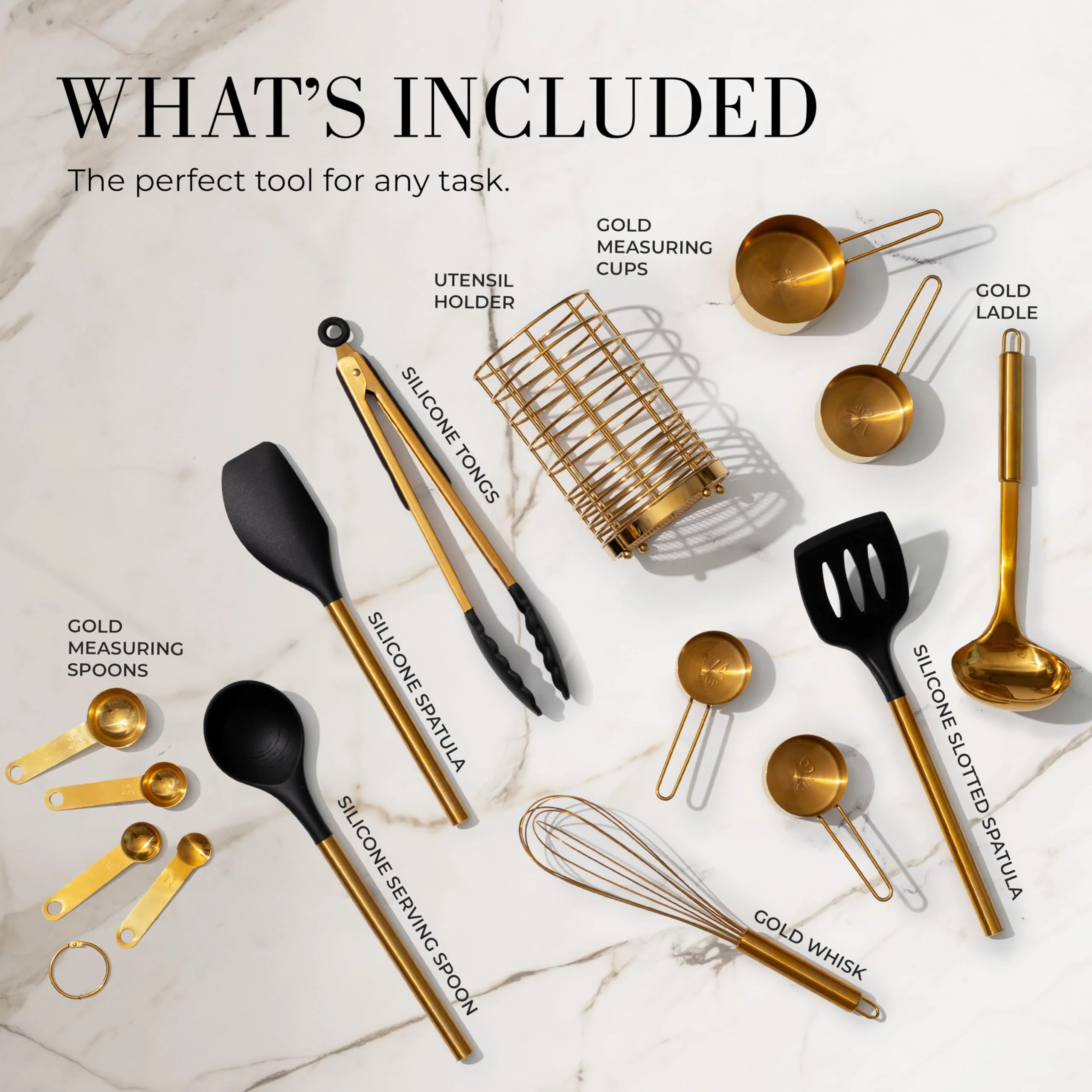 Styled Settings Black and Gold Kitchen Utensils Set - 15 Piece Gold Utensils Set Includes Non-Stick, BPA-Free, Black Silicone and Gold Cooking Utensils Set and Gold Measuring Cups and Spoons Set