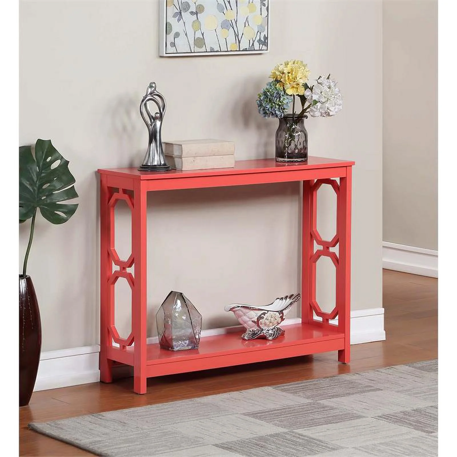 Pemberly Row Console Table with Shelf in Coral Pink Wood Finish