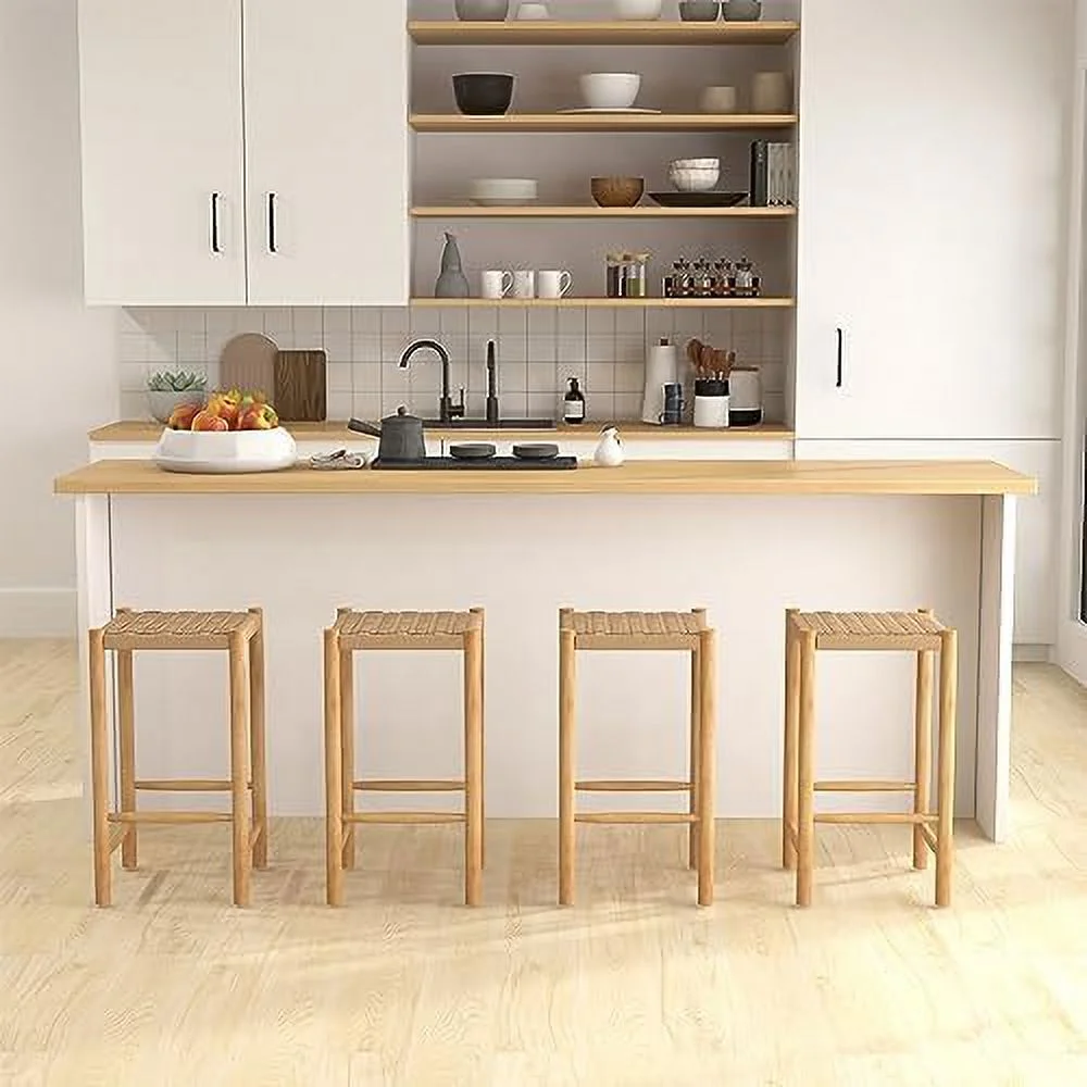 TJUNBOLIFE Wood Stools   18" Tall  Backless Stool Chairs with Rubber Wood Legs  Max Load 330 Lbs  Armless Wicker Stools for Kitchen Dining Room Indoor Outdoor