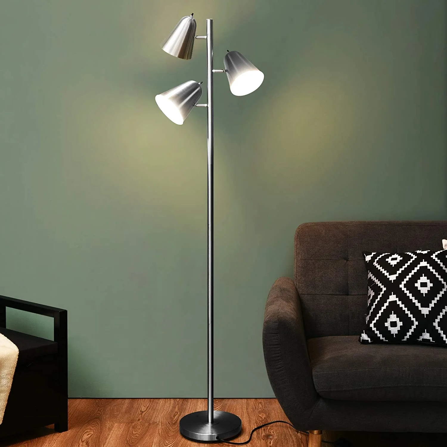 3-Light Floor Lamp, 64” Mid Century Modern 3 Light Tree, Standing Tall Pole Lamp with 3 LED Bulbs and Adjustable Heads, Reading Light for Living Room & Bedroom, 360 Lighting (Nickel)