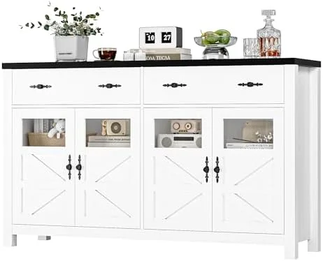 xrboomlife Buffet Cabinet with   55.1" Large Sideboard Buffet Cabinet  Farmhouse Sideboard Kitchen Cabinet with 2 Drawers and 4 Doors  Wood Coffee  Cabinet Buffet Table  White & B