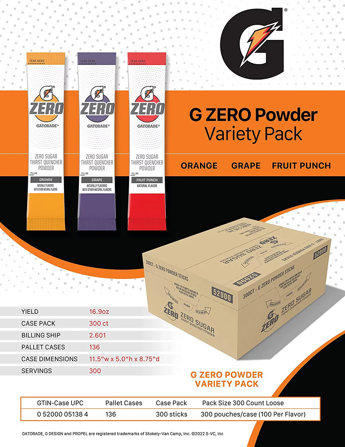 Gatorade G Zero Powder Sticks - 300 Count Variety Case (Orange, Grape and Fruit Punch)