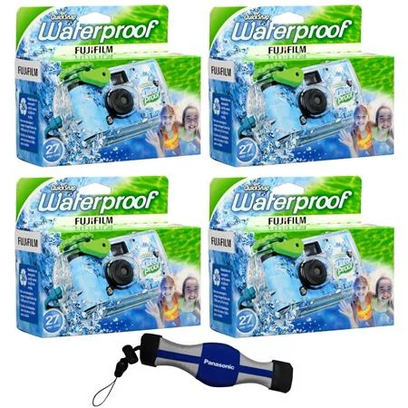 FUJI FILM 4-PACK QuickSnap 800 Waterproof 35mm One-Time-Use Disposable Camera, 27 Exposures with Panasonic Floating Camera Strap