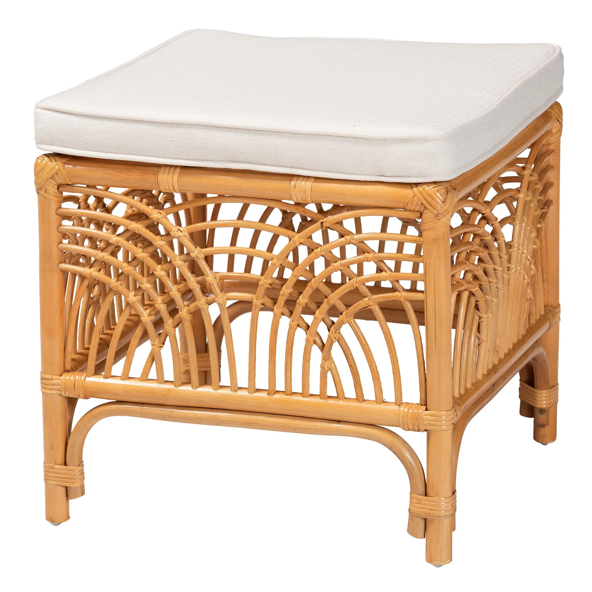 bali & pari Materra Modern Bohemian Rattan Footstool in Natural Brown