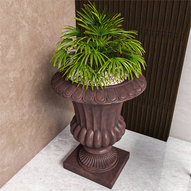 LeisureMod Lotus Modern Urn Planter in Fiberglass and Clay Brown