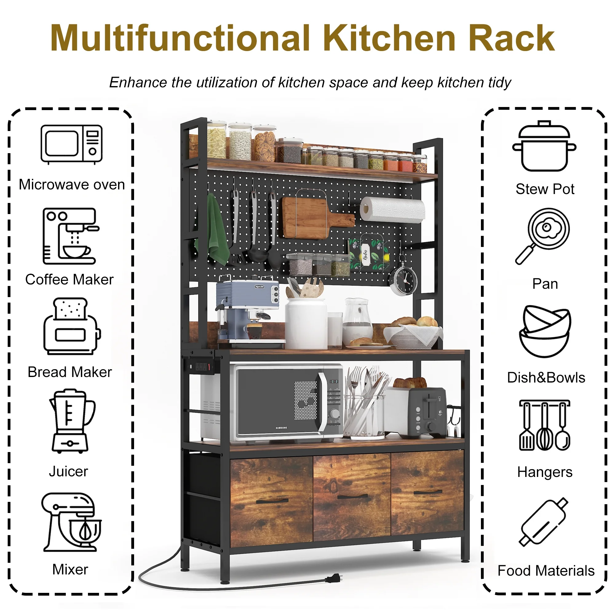 NAIYUFA Bakers Rack with Power Outlet 5-Tier Kitchen Wood Large Microwave Oven Stand with Pegboard,3 Fabric Drawers,Hooks,Brown