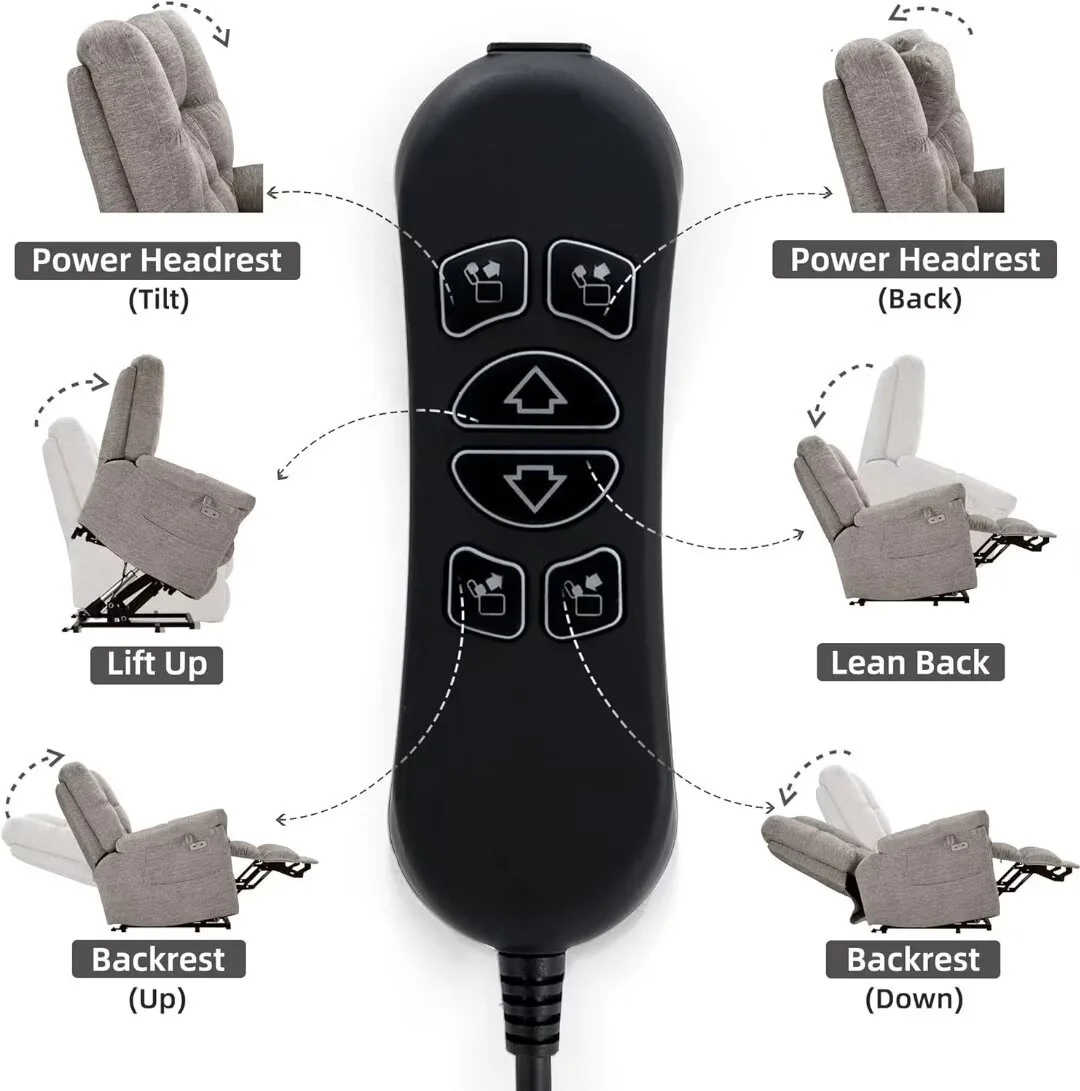 BDEUS Lay Flat Three Motor Power Lift Rcliner Chair with Adjustable Headrest for Elderly People, Electric Recliner with Infinite Positions, Heat and Massage Chair Recliner, USB & Type C Ports Grey