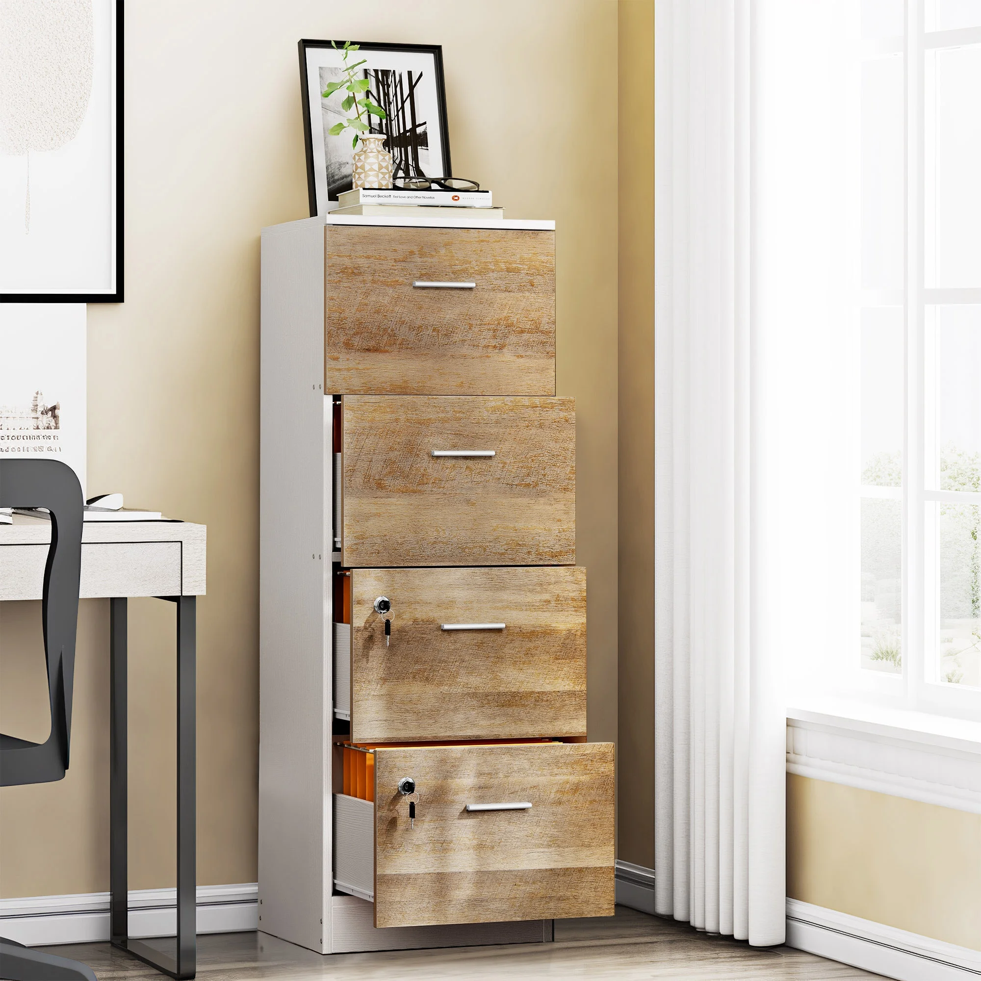 DWVO 4-Drawer Wood File Cabinet with Lock,15.8