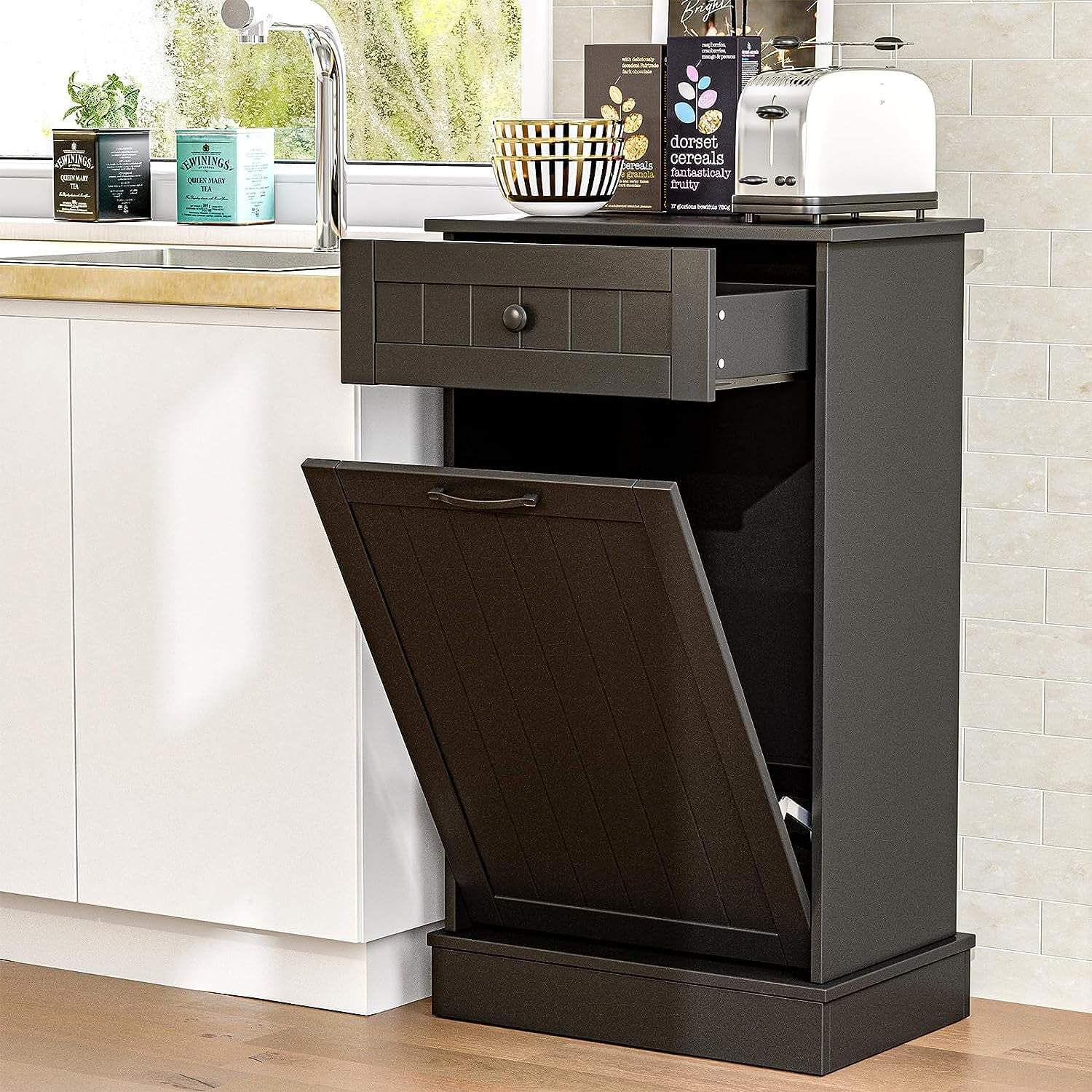 IKIFLY Black Tilt Out Trash Bin Cabinet, 10 Gallon Dog Proof Trash Can Holder Kitchen Island with Garbage Bin or Tilt Out Laundry Hamper