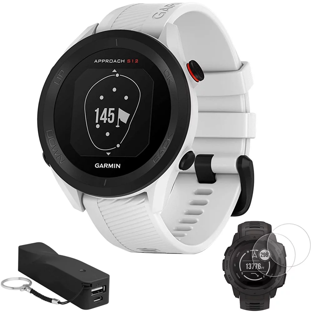 Garmin 010-02472-02 Approach S12 GPS Golf Watch 42k+ Preloaded Courses White Bundle with 2-Pack Screen Protector for Garmin Watches and Deco Essentials 2600mAh Portable Power Bank