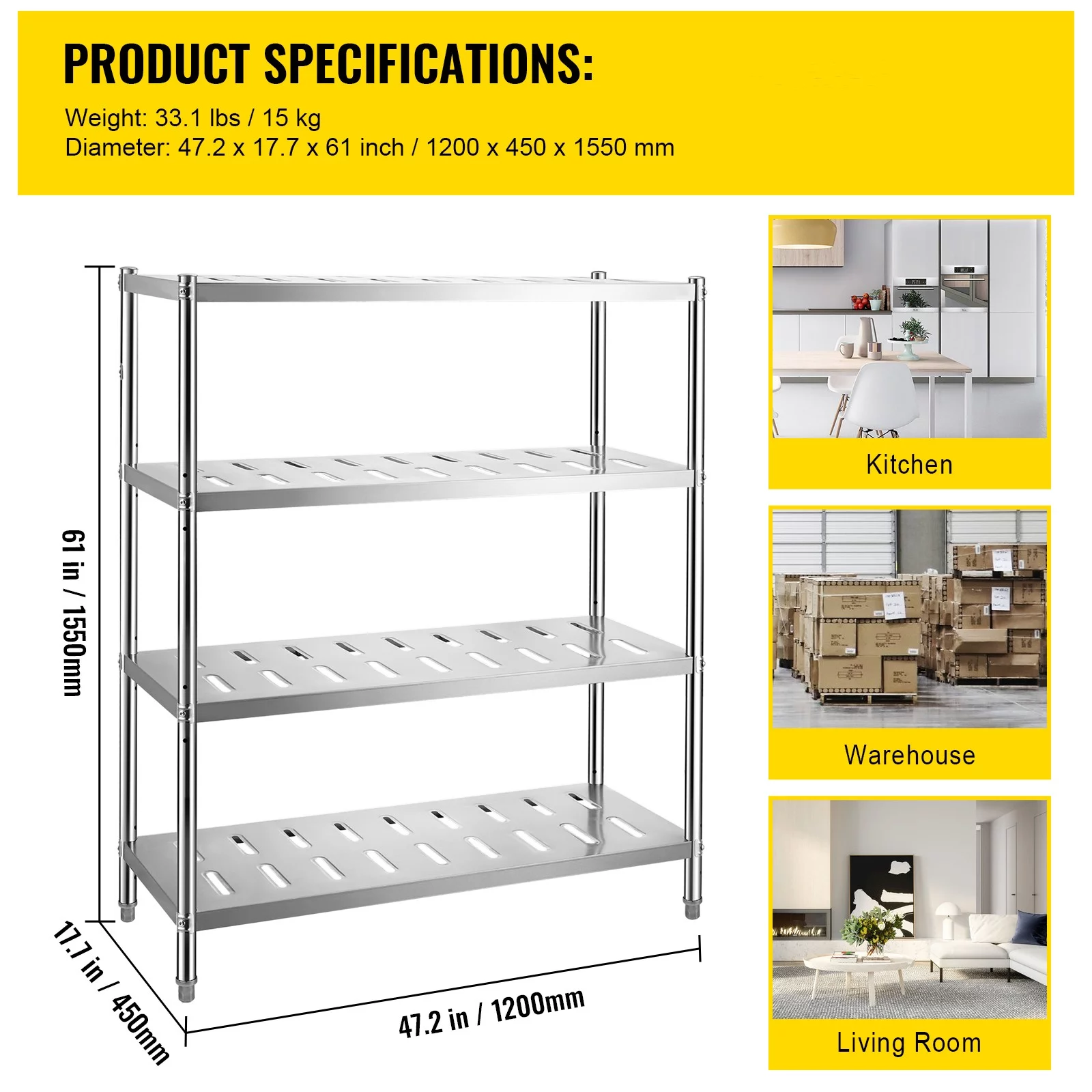 BENTISM Garage Shelf Heavy Duty Shelving 4-Tier 47.2x17.7x61in Stainless Steel