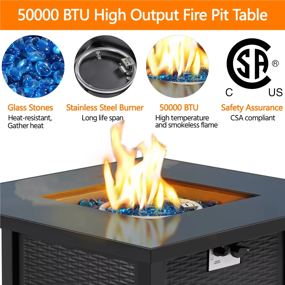 Topeakmart 30in Metal Fire Pit Table 50,000 BTU with Tempered Glass Tabletop, Glass Fire Stones & Water-resistant Cover, Propane