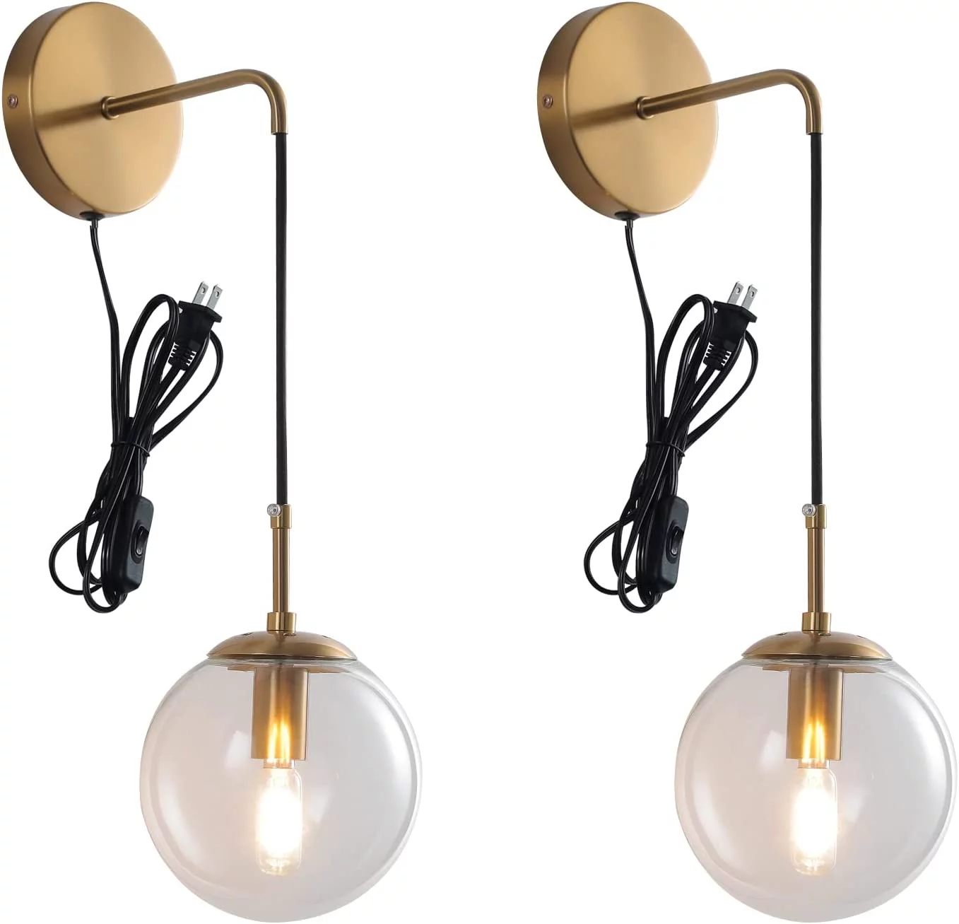 Wall Sconces Set of Two Plug in Wall Sconces Brushed Brass Gold Wall Lamp with Cord Wall Sconce Plug in with Globe Clear Glass Shade Plug in Wall Sconces Set of 2 Plug in Wall Light Sconce