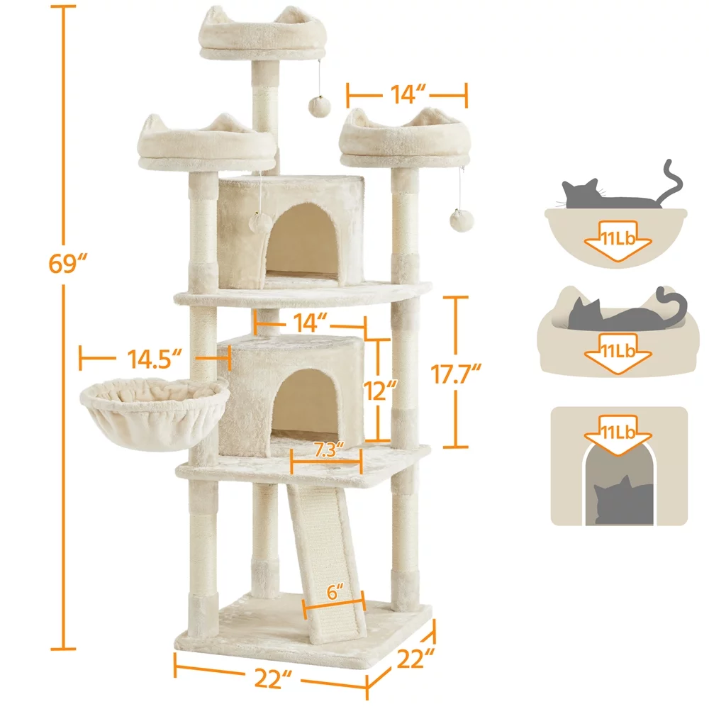 Easyfashion 68.5in Multi-Level Cat Tree Caves Condos, Beige