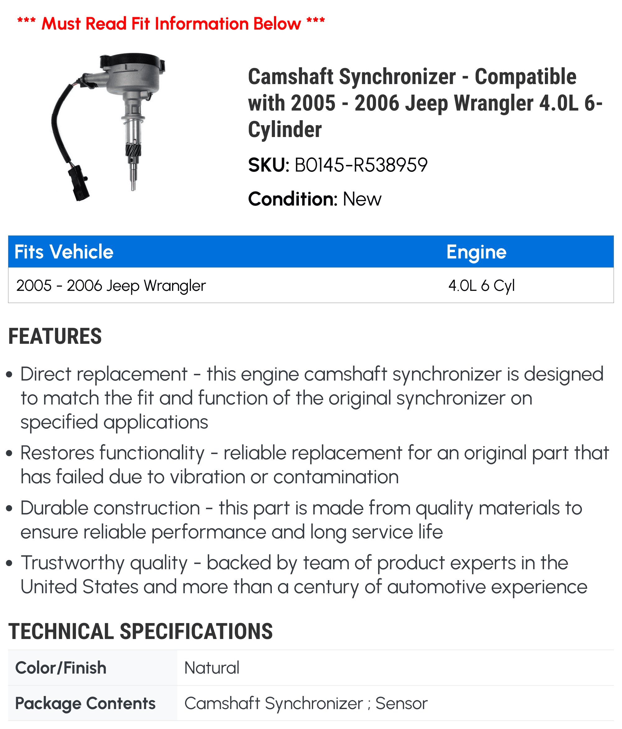 Camshaft Synchronizer - Compatible with 2005 - 2006 Jeep Wrangler 4.0L 6-Cylinder