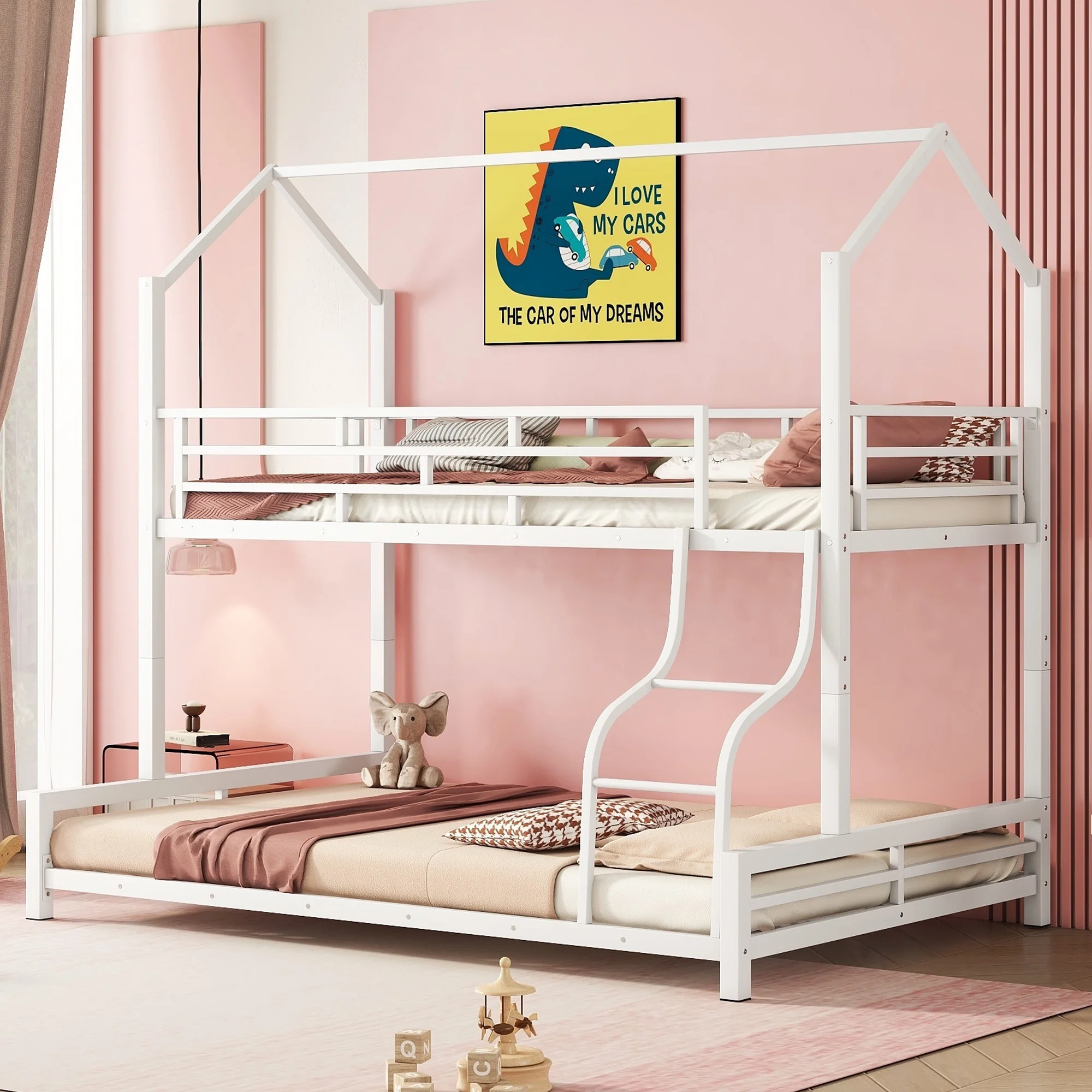 EUROCO Metal Twin over Full House Bunk Bed for Kids Bedroom, Seperate 2 Beds in One, White