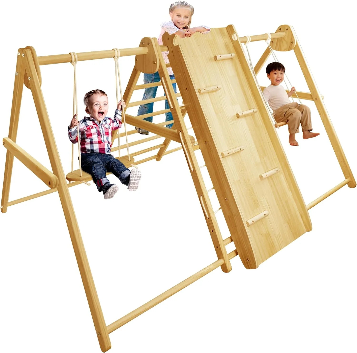5 in 1 Indoor Playground for Toddlers 1-3 Wooden Montessori Indoor Jungle Gym Easy Setup Climbing Toys with Slide, Climbing Ladder/Net Ladder, Swing Sets for Backyard