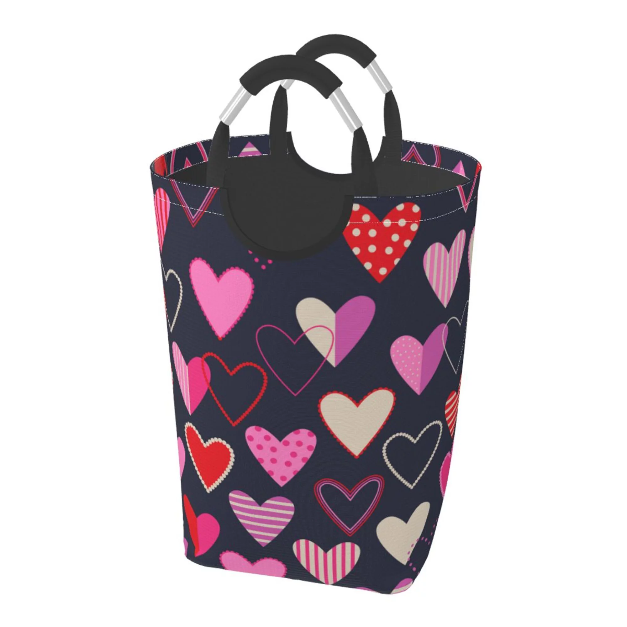 TEQUAN 50L Large Rectangular Laundry Hamper with Aluminum Handles, Romantic Love Pink Hearts Prints Waterproof Foldable Dirty Clothes Basket