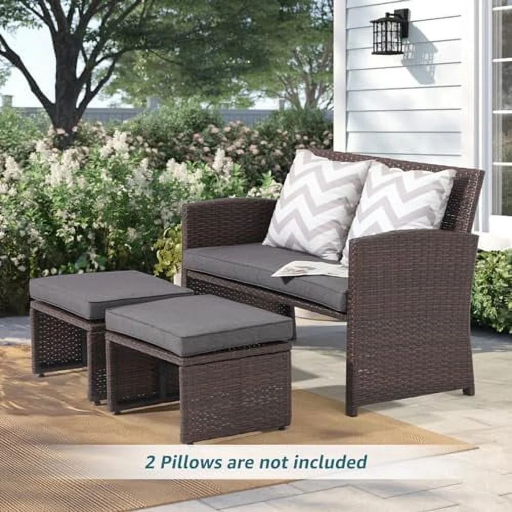 ZWNLKQG Outdoor Loveseat 3 Piece Patio  Set Outdoor Conversation Set All-Weather Wicker Love Seat with Ottoman/  Brown Rattan  Blue