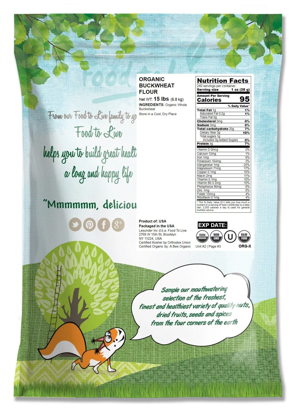 Organic Whole Grain Buckwheat Flour, 15 Pounds — Non-GMO, Kosher, Raw, Vegan — by Food to Live