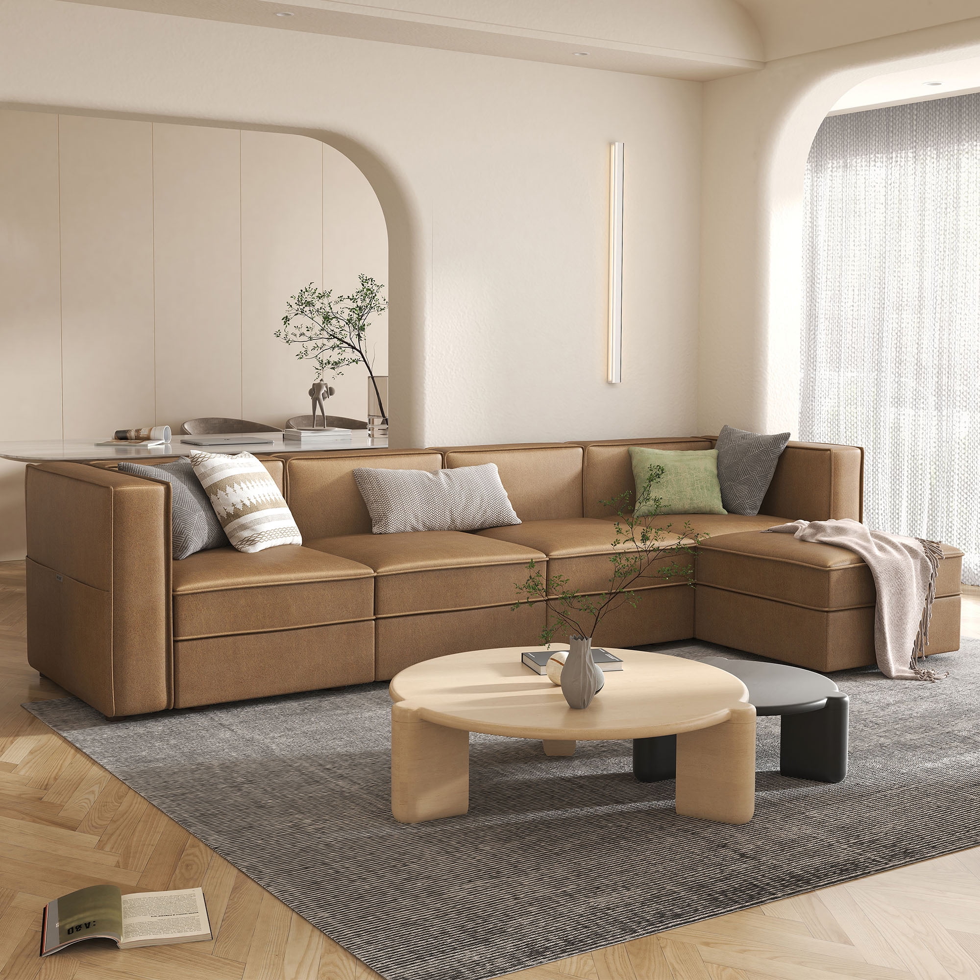 Nolany Reversible Sectional Sofa Couch L Shaped Sofa Modular 4-Seat Couch with Chaise, Caramel Microfiber