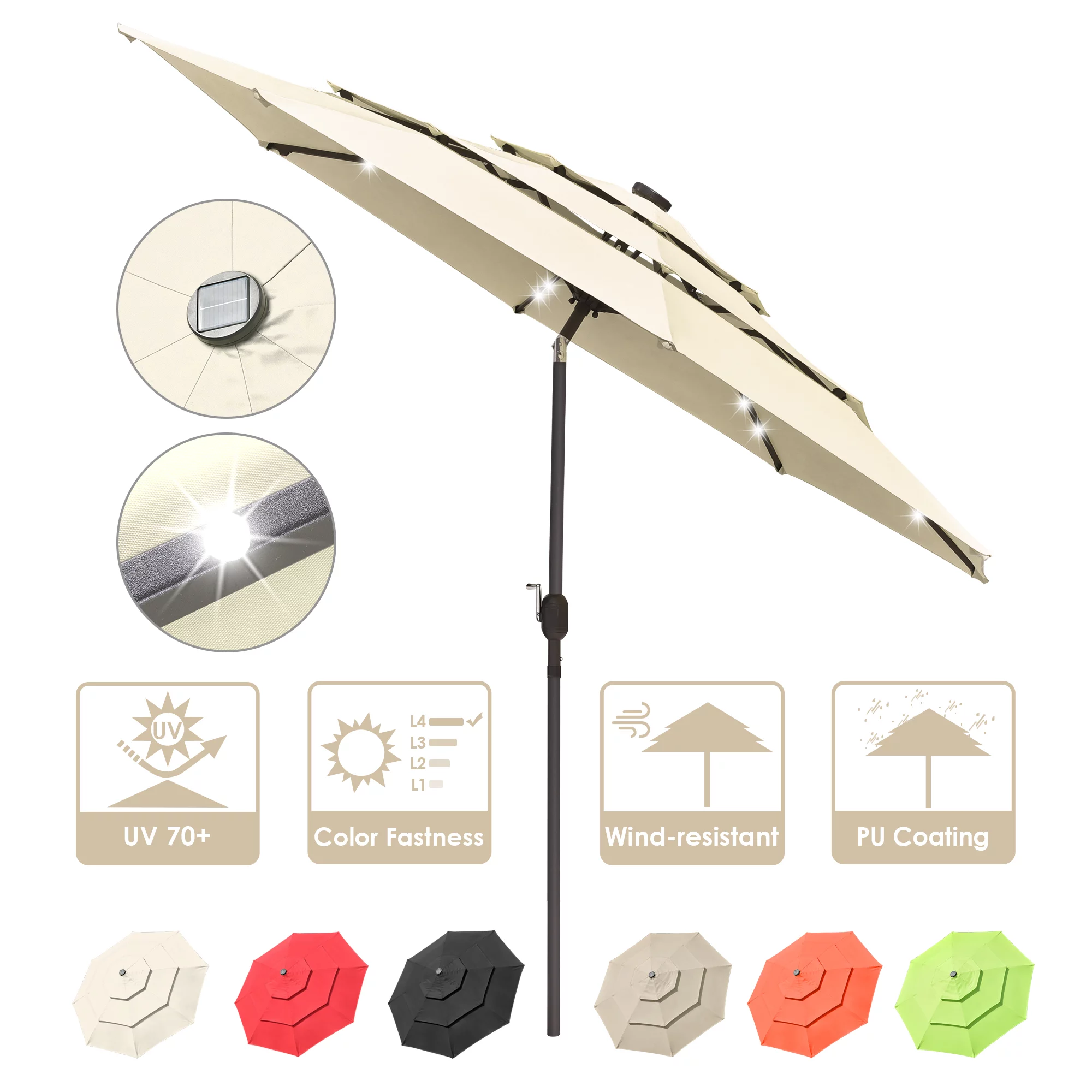Yescom 11 Ft 3 Tier Patio Umbrella with Protective Cover Solar LED Crank & Tilt Outdoor