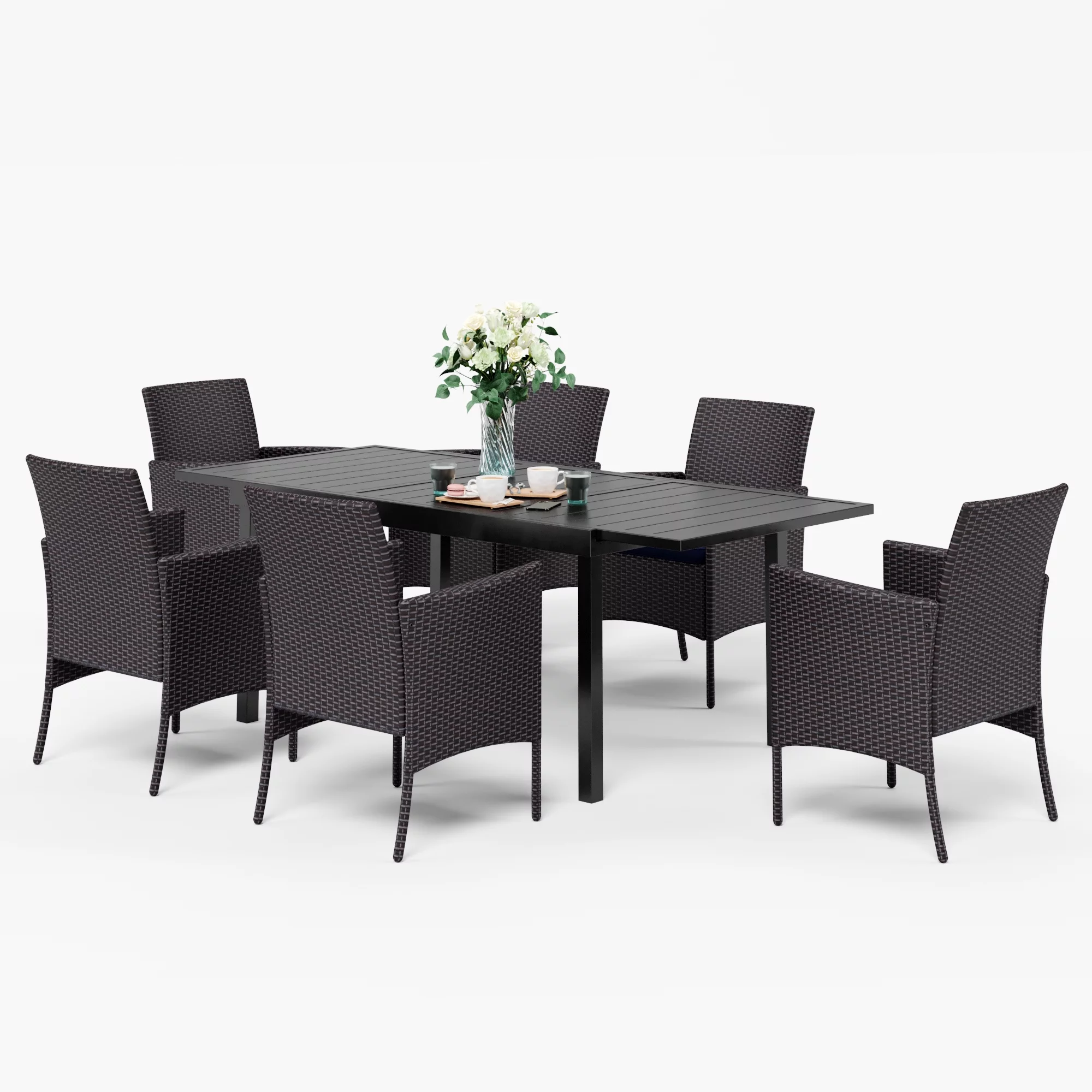 MF Studio 7 Piece Outdoor Patio Dining Set with 6 Rattan Dining Chairs and 1PC Expandable Dining Table, Black
