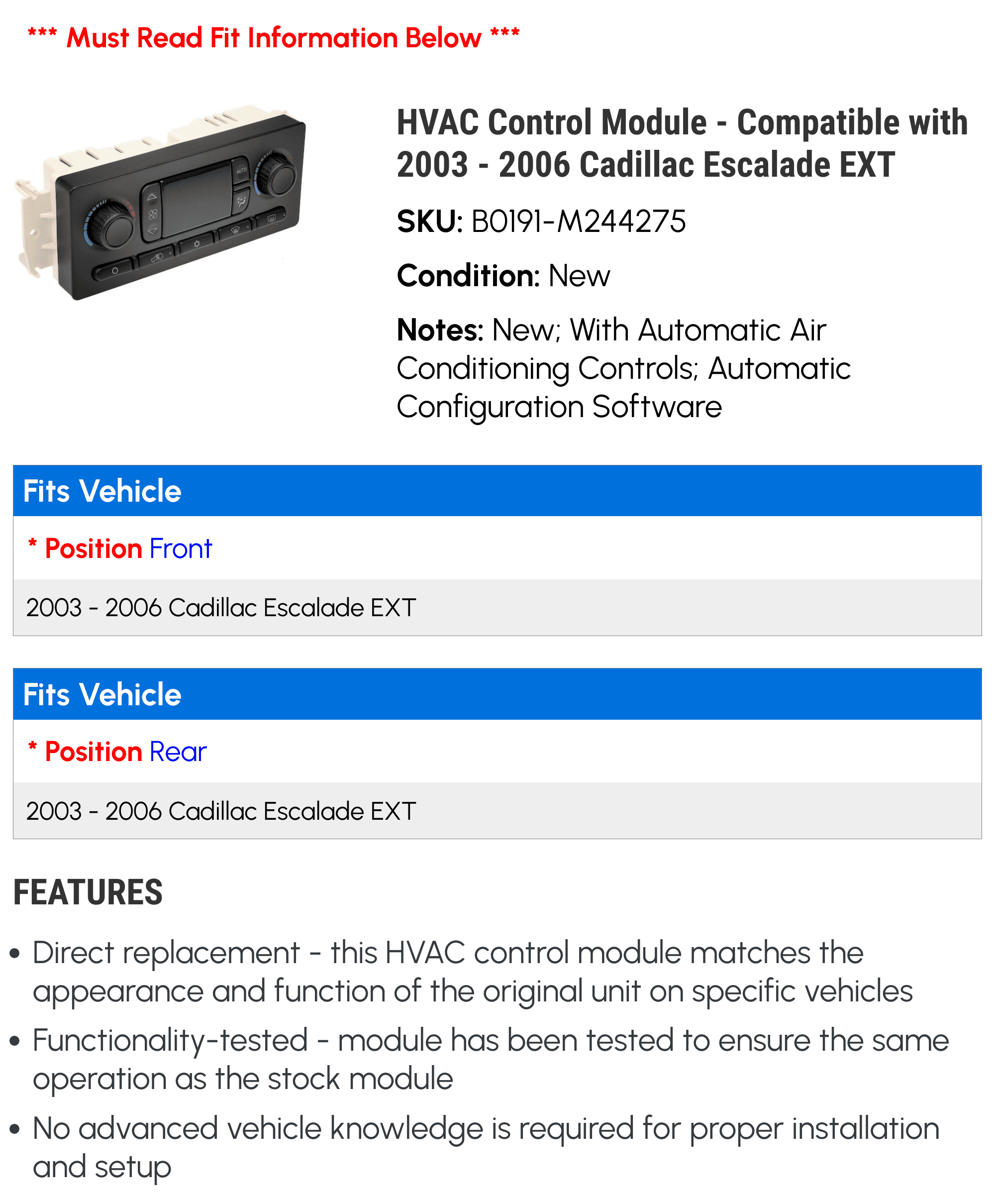HVAC Control Module - Compatible with 2003 - 2006 Cadillac Escalade EXT 2004 2005