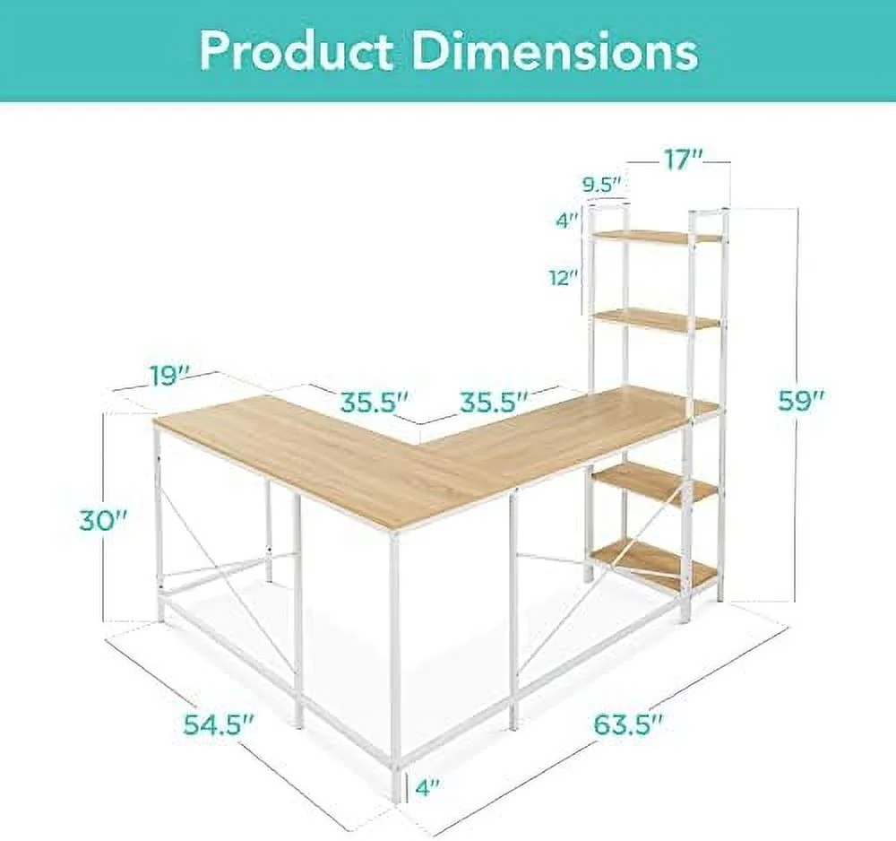 TJCGDTY L-Shaped Corner Computer Desk  Large Study Workstation  w/Multifunctional 5-Tier Open  Bookshelves  Custom Setup for Home  Office - White Oak